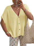 Saodimallsu Womens Spring Oversized Cardigans Batwing Short Sleeve Lightweight Button V Neck Casual Knit Sweater Tops Yellow