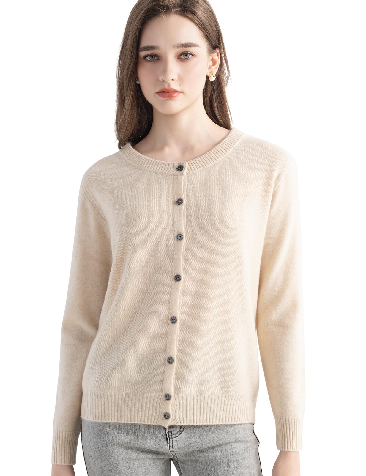 Chanyarn Women's 100% Pure Cashmere Cardigan Crew Neck Long Sleeve 2025 Fall Winter Warm Soft Knit Cardigan Sweater (Beige11002,M)