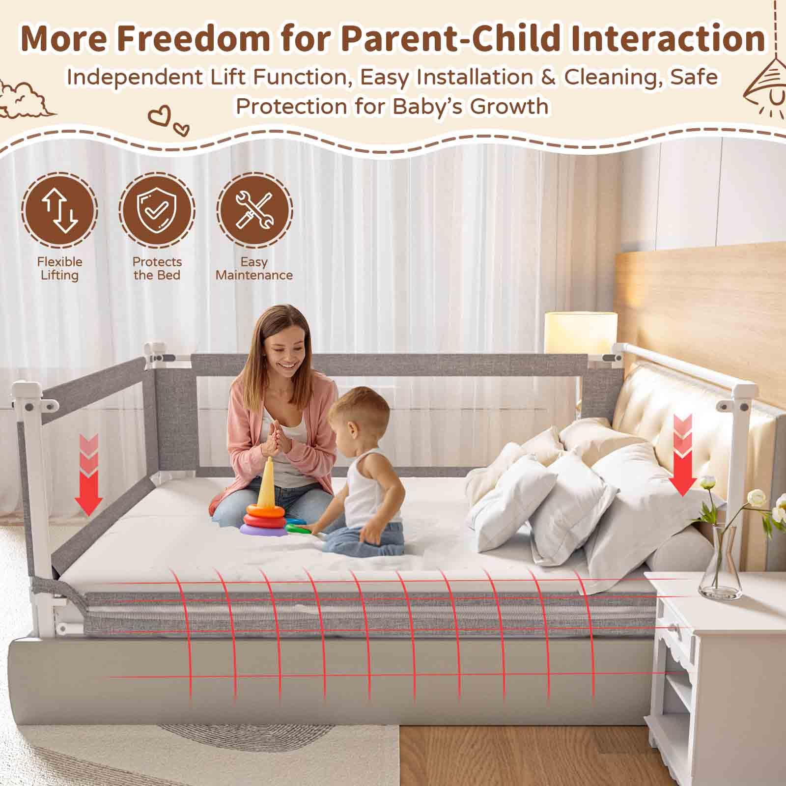 PurePapoose 3-Piece King Size Bed Rail for Toddlers - Height Adjustable Baby Bed Rail Guard with Headboard Rod,Safety Bed Rails for King Size Bed with Child Lock(78.74x78.74x74.8 Inch)