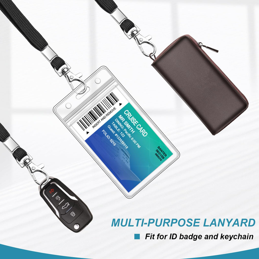Koorito 3 Pack Clear ID Badge Holder with Lanyard Black Lanyards with Vertical Waterproof ID Badge Holder for Office, School, Travel