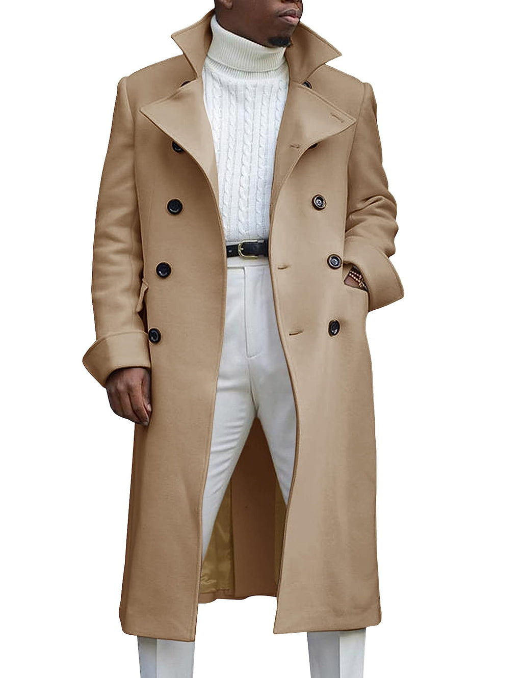 Springrain Men's Pea Coat Double Breasted Overcoat Lapel Coat Classic Long Trench Coat(Camel-S)