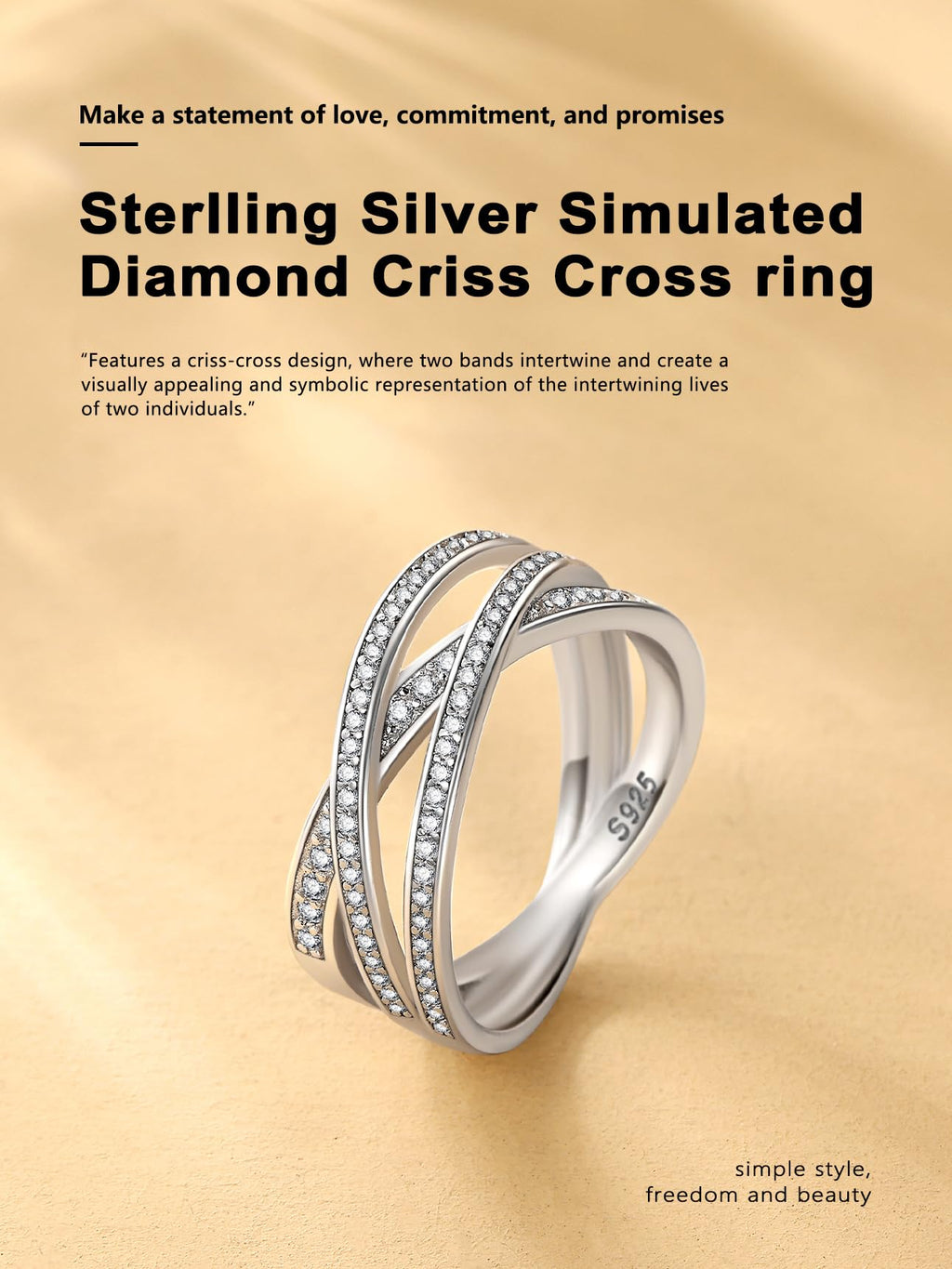 Bestyle 925 Sterling Silver Criss Cross Ring Casual Finger Diamond Ring for Women | Thin Band for Stacking | Simulated Diamond Eternity Wedding Band | Size 8