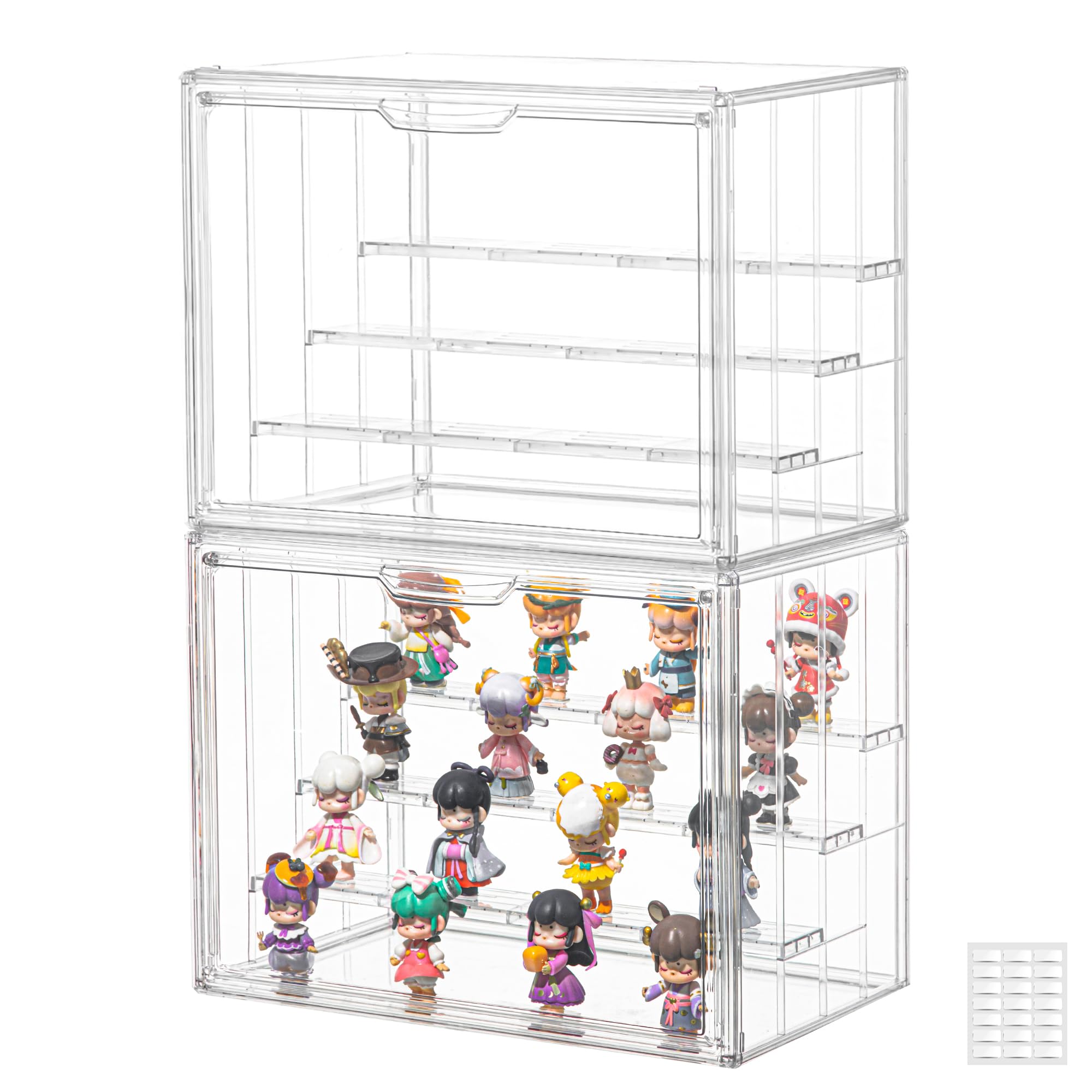 Clear Acrylic Display Case Upgrade 4 Tier Figure Display Case with 3 Movable Dividers, Stackable Display Box Showcase with Magnetic Door for Collectibles (Large-2pack)