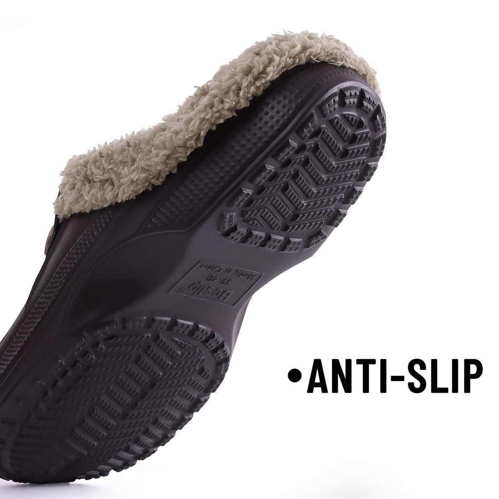 Beslip Classic Fur Lined Clogs Waterproof Winter Fuzzy Slippers for Women Men Indoor and Outdoor Indoor and Outdoor, Walnut Women Szie 12-13