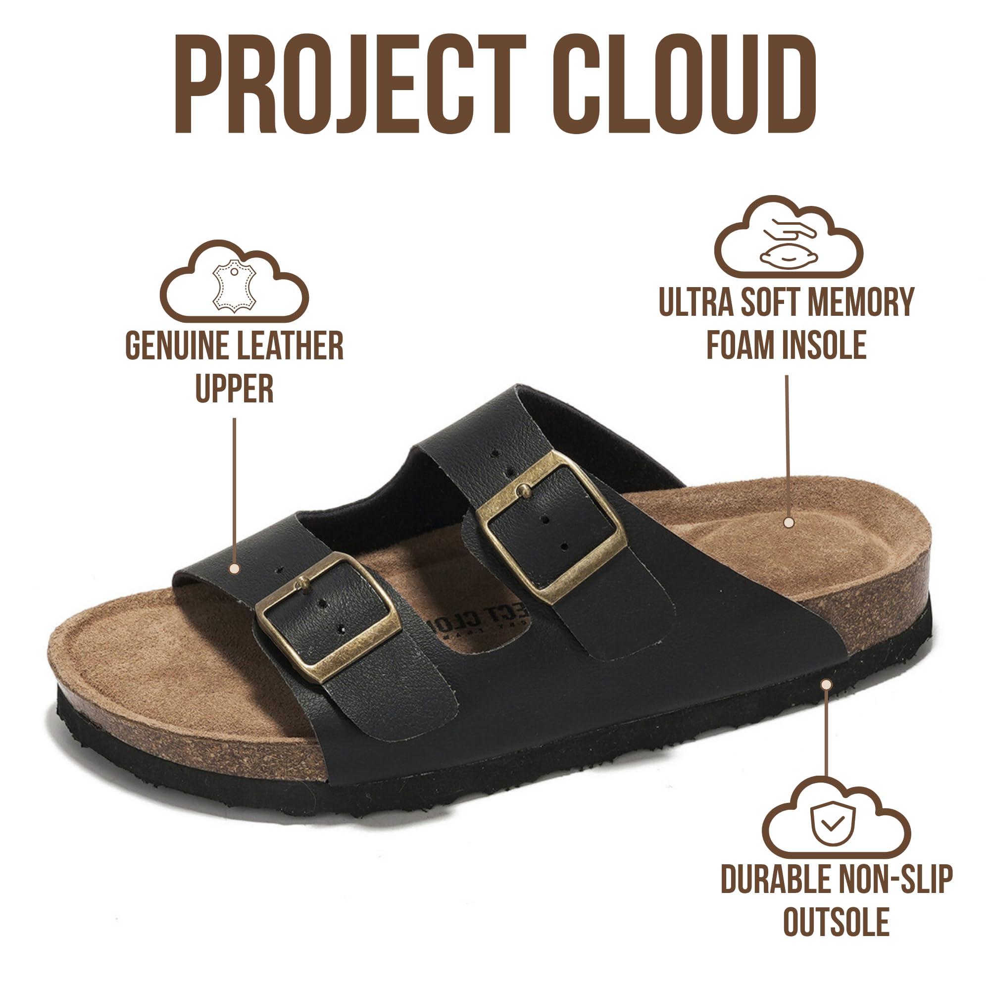 Project Cloud 100% Genuine Leather Flat Sandals For Women 2026 Cork Footbed Womens Sandals with Memory Foam and arch support Vacation Essentials Slides for Women Footwear (VenitaWD,BLK,9)