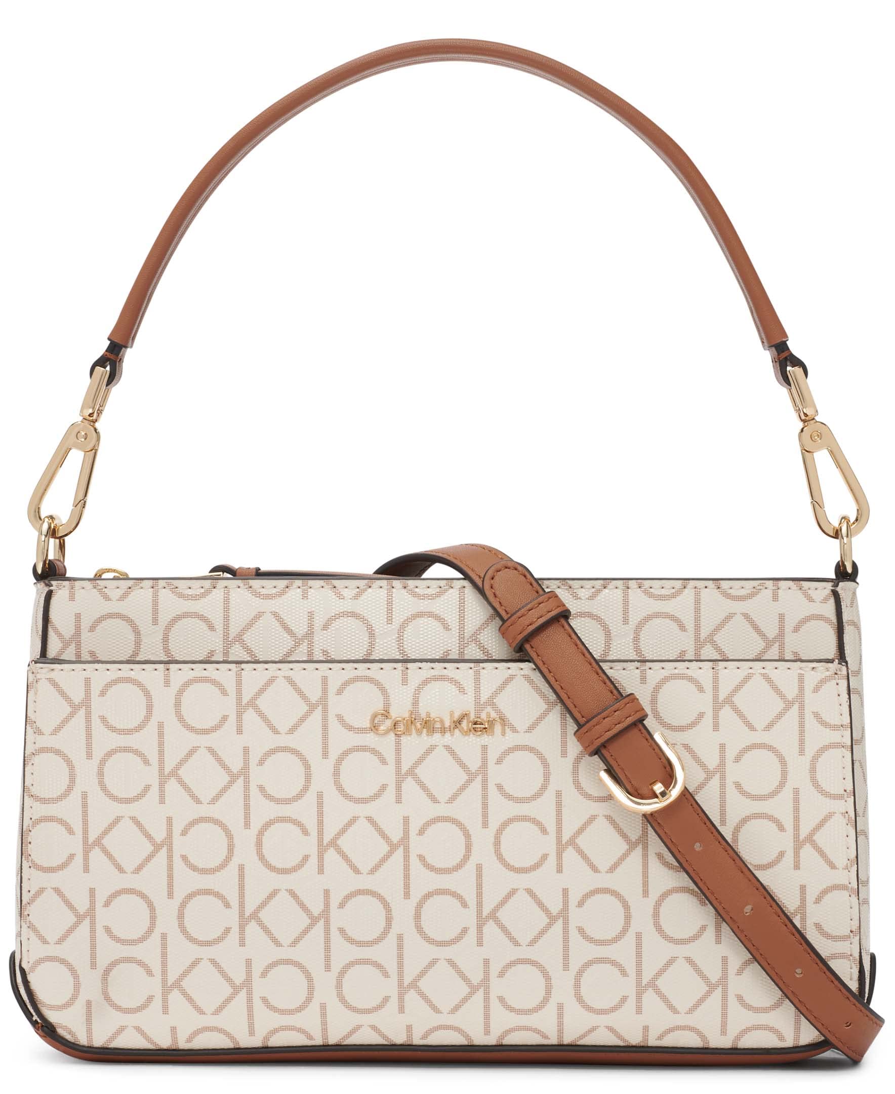 Calvin Klein Women's Lucy Triple Compartment Shoulder Bag, Vanilla/Khaki/Caramel Embossed, One Size