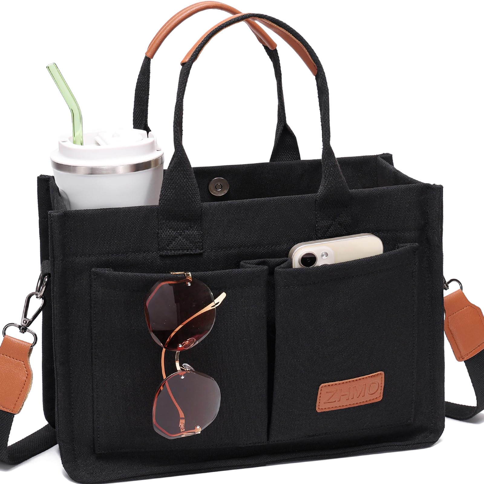 ZHMO Canvas Tote Bag for Women With Compartments and Pocket,Black Women's Bags Crossbody Bags Work Laptop Tote Bag Large Satchels Handbag Tote Purse Everyday Shoulder Bag for Travel Nurse Teacher Gift
