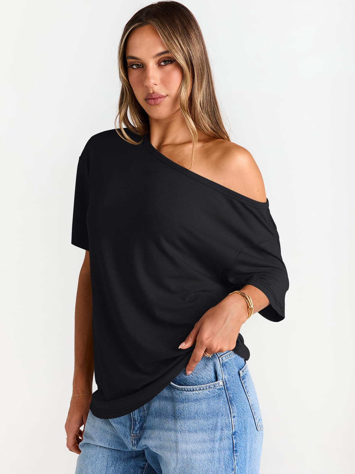 Trendy Queen Womens Off The Shoulder Tops Oversized T-Shirts Short Sleeve Tees Summer 2026 Casual Spring Clothes Workout Gym Y2k Cute Going Out Plus Size Fashion Clothing Black L