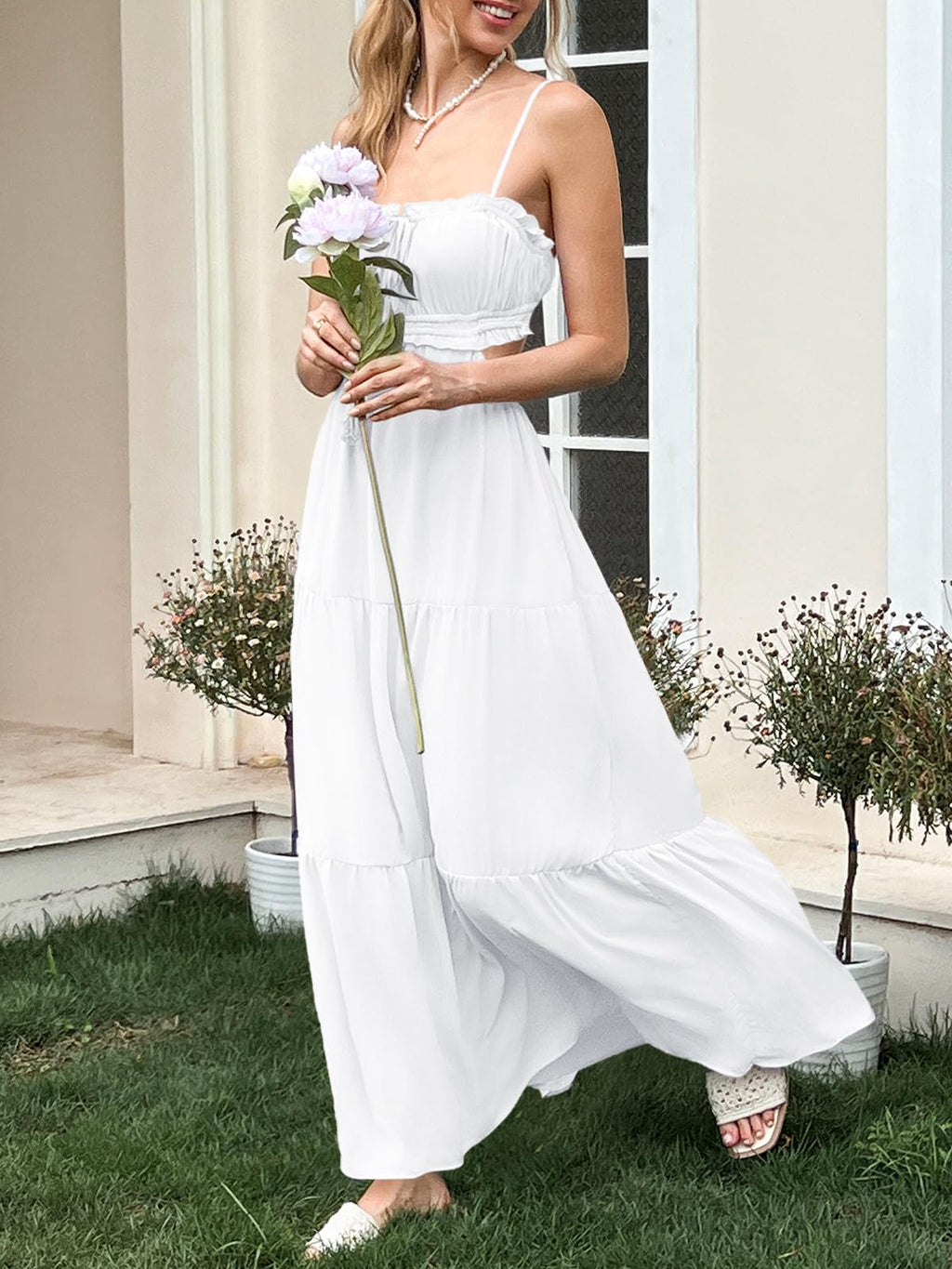 Fisoew Women's Spaghetti Strap Maxi Dress Summer Sleeveless Side Cut Out Dress Casual Boho Backless Flowy Long Dresses White