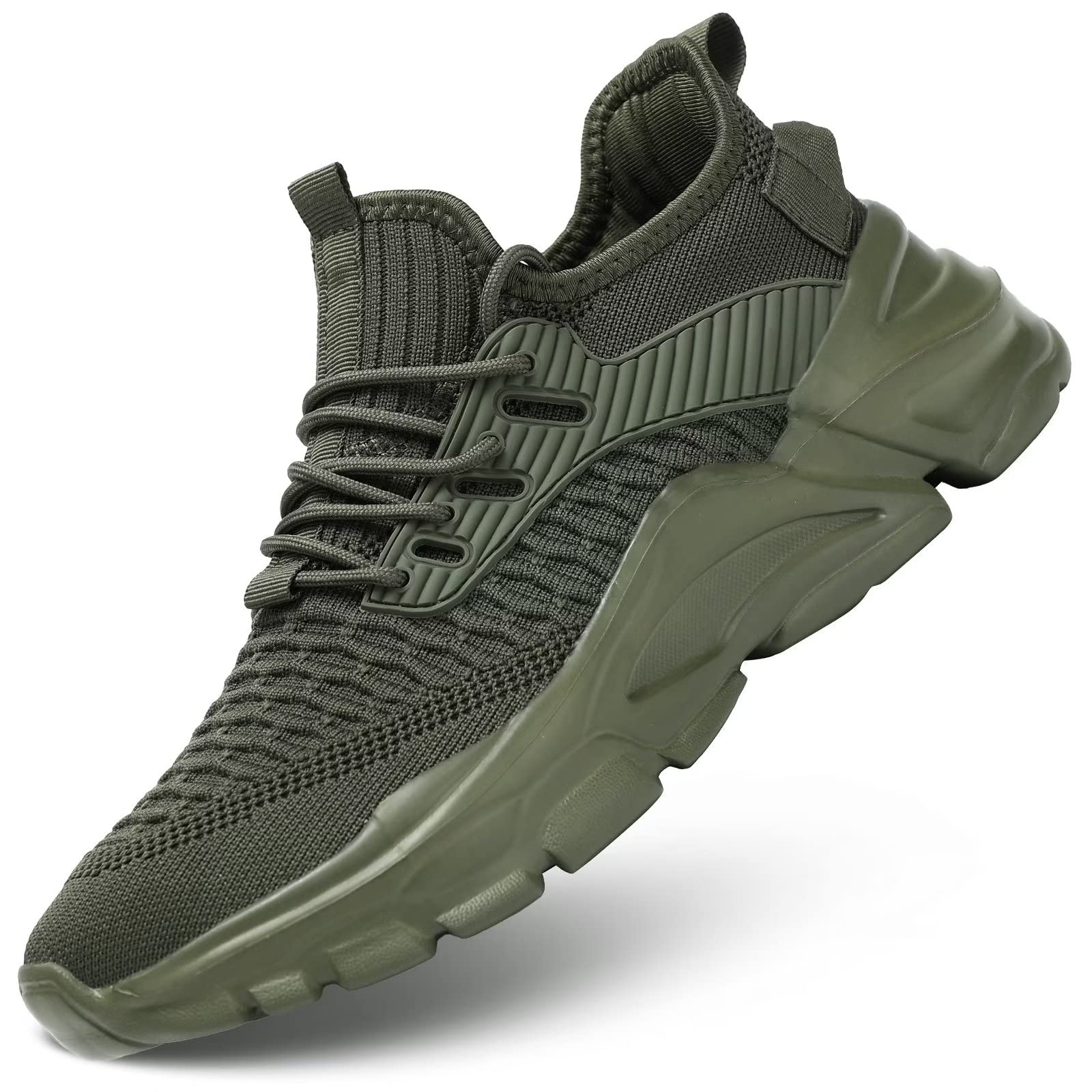 Srenket Men's Running Shoes Non Slip Shoes Breathable Lightweight Fashion Sneakers Slip Resistant Athletic Sports Walking Gym Work Shoes ArmyGreen