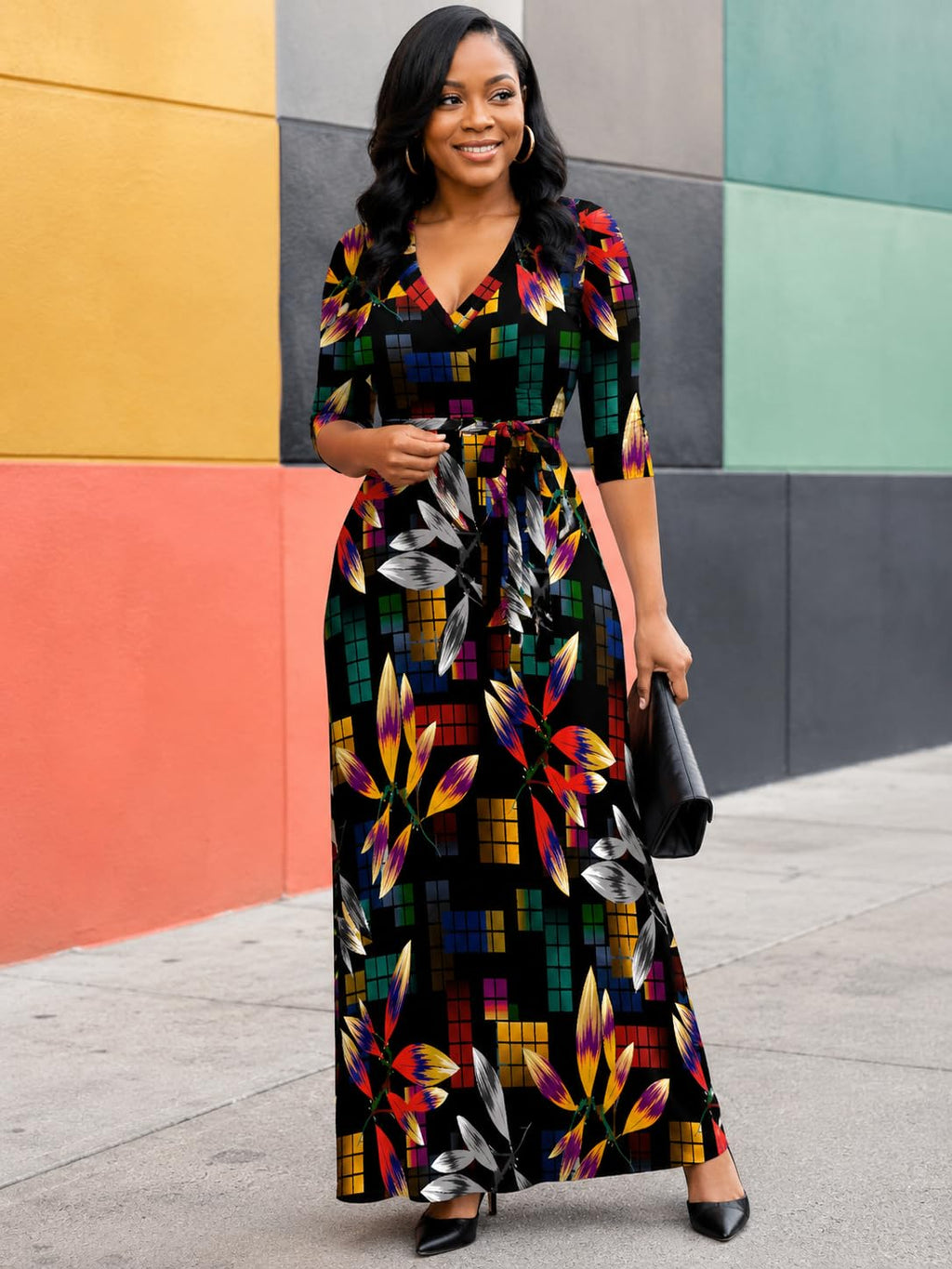 PinkPatty Sexy Maxi Dress for Women Chic Printed 3/4 Sleeve Evening Weeding Guest Dress with Pockets