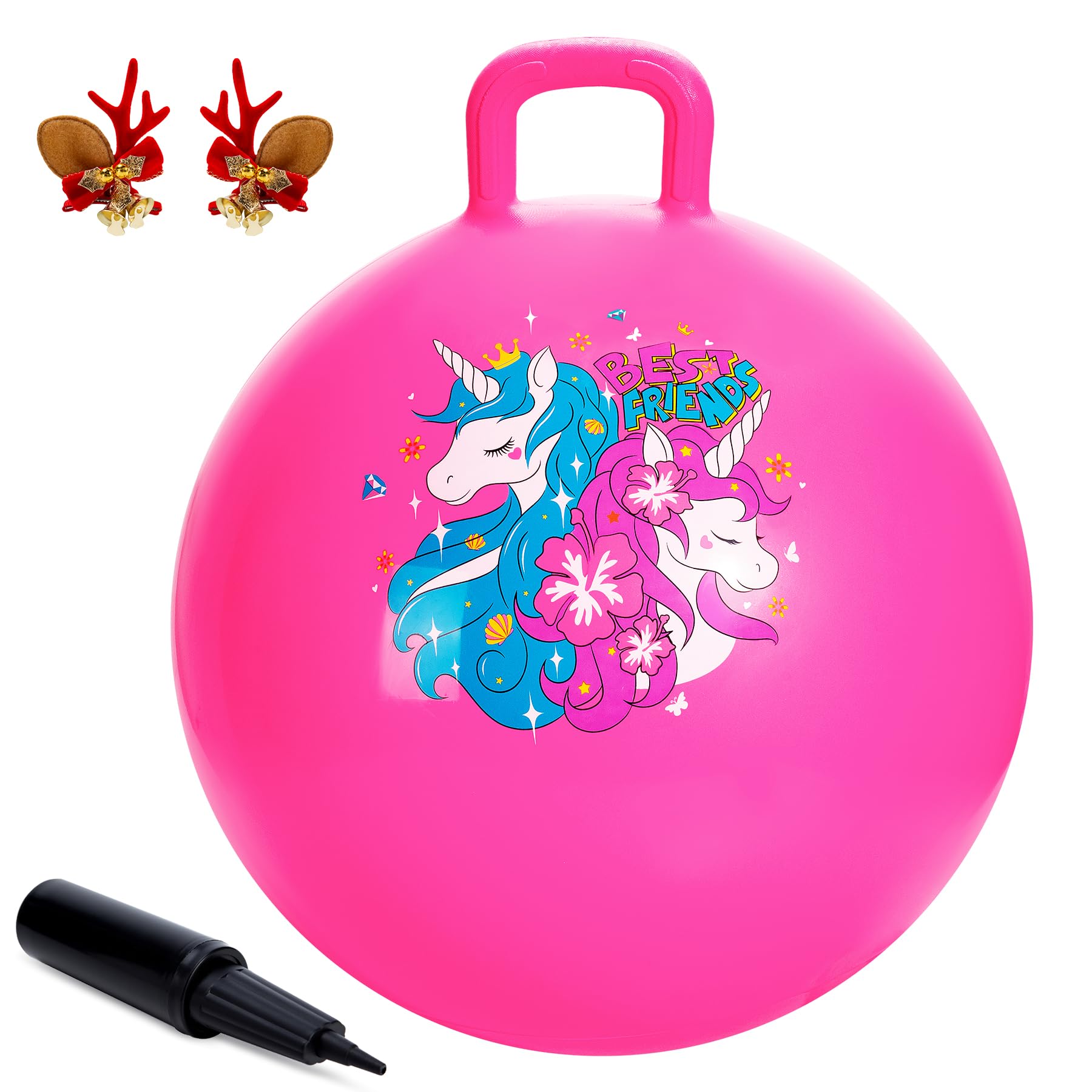 ZOOJOY Hopper Ball, Pink Bouncy Balls for Kids, 18 Inch Sit on Jumping Toys with Handle for Girls Gift Aged 3-8, Inflatable Unicorn Bounce Hopper Balls Toy with Pump
