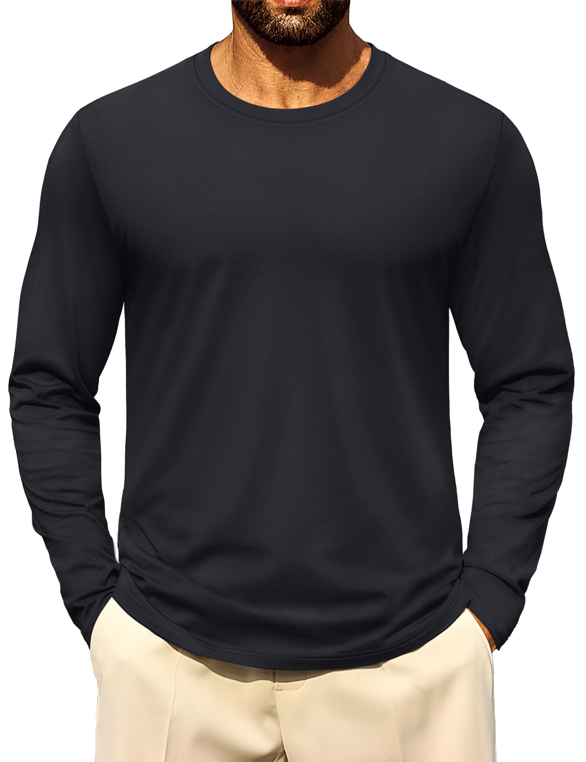 Cotrasen Mens Shirts Casual Stylish Long Sleeve T-Shirts Cotton Crew Neck Moisture Wicking Soft Basic Tee Shirts Mens Fashion Black M