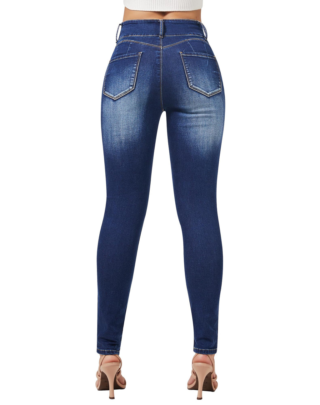 roswear Women's Stretchy Skinny Jeans High Waist Tummy Control Jeggings Slim Fit Denim Pants Navy Blue Large