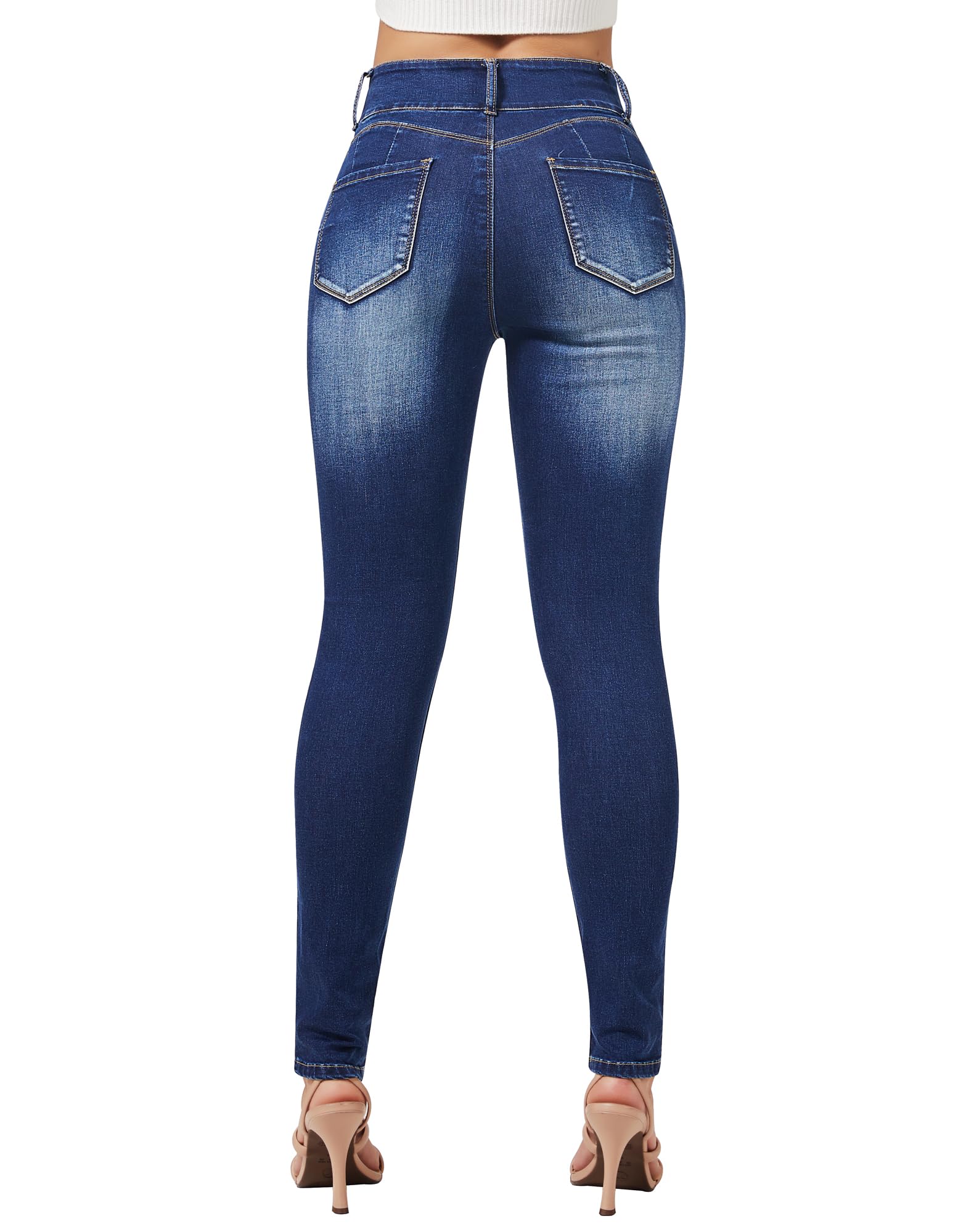 roswear Women's Stretchy Skinny Jeans High Waist Tummy Control Jeggings Slim Fit Denim Pants Navy Blue Large