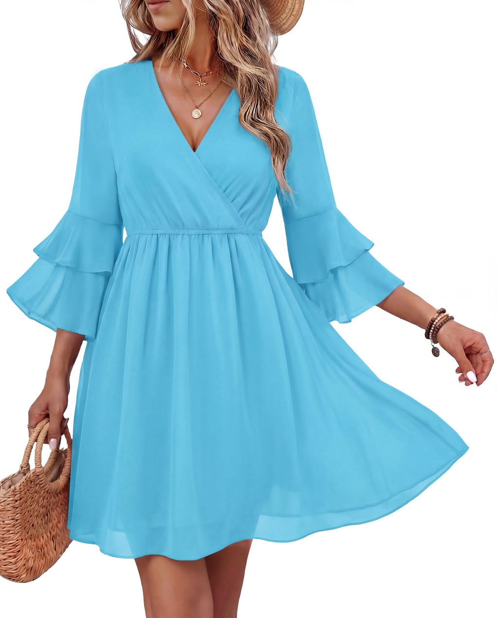 Bebonnie Plus Size Cocktail Dresses for Women: Curvy Womens 3/4 Ruffle Sleeve Spring Summer Casual Wrap V Neck Formal Baby Shower Wedding Guest Tea Party Flowy Chiffon Maxi Short Dresses Sky Blue XXL