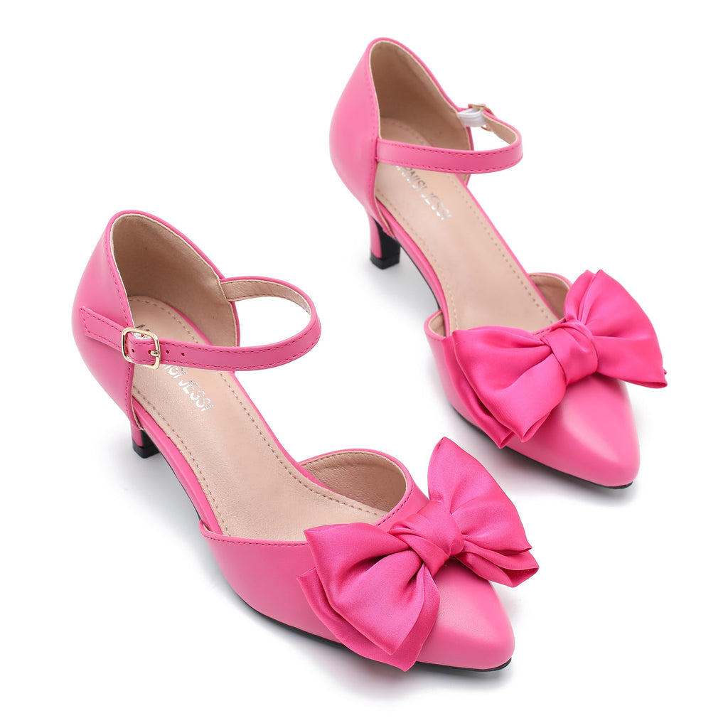 MAIERNISI JESSI Women's Kitten Heel Pumps with Bow, Ankle Strap, Pointed Toe, D'Orsay Style Hot Pink 36 - US 6