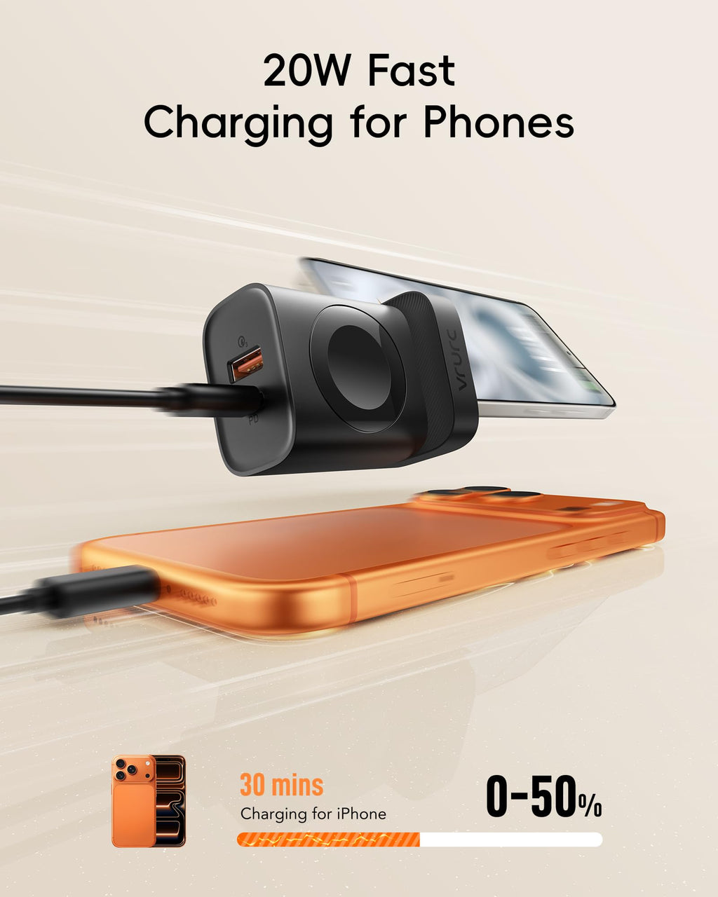 VRURC Fast Charger for iPhone, PD 20W USB C Wall Charger Dual Ports, 3-in-1 Foldable Charging Block Built in Magnetic Watch Charger Station for Apple Watch Ultra/10/9/8/7/6/5/4-Black