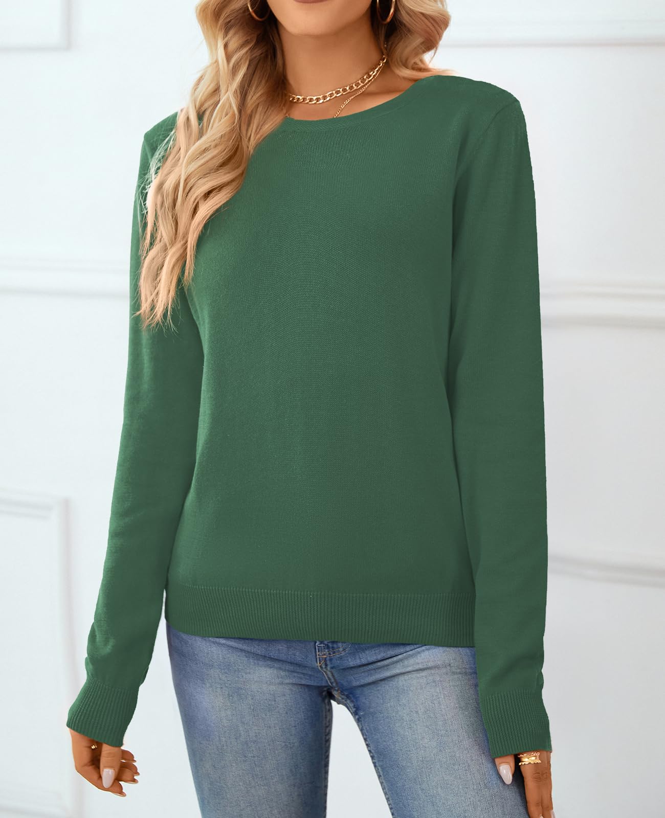 QUALFORT Women's 100% Cotton Crewneck Sweater, Basic Lightweight Long Sleeve Pullover Dark Green X-Large