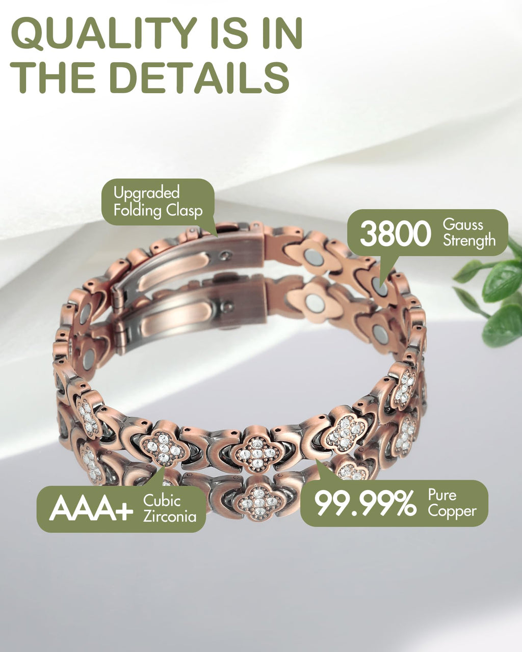 Feraco Pure Copper Bracelets for Women, Ultra Strength Magnetic Bracelet with 3800 Gauss Magnets & Sparkling Zirconia, Adjustable, Infinite Clover Jewelry
