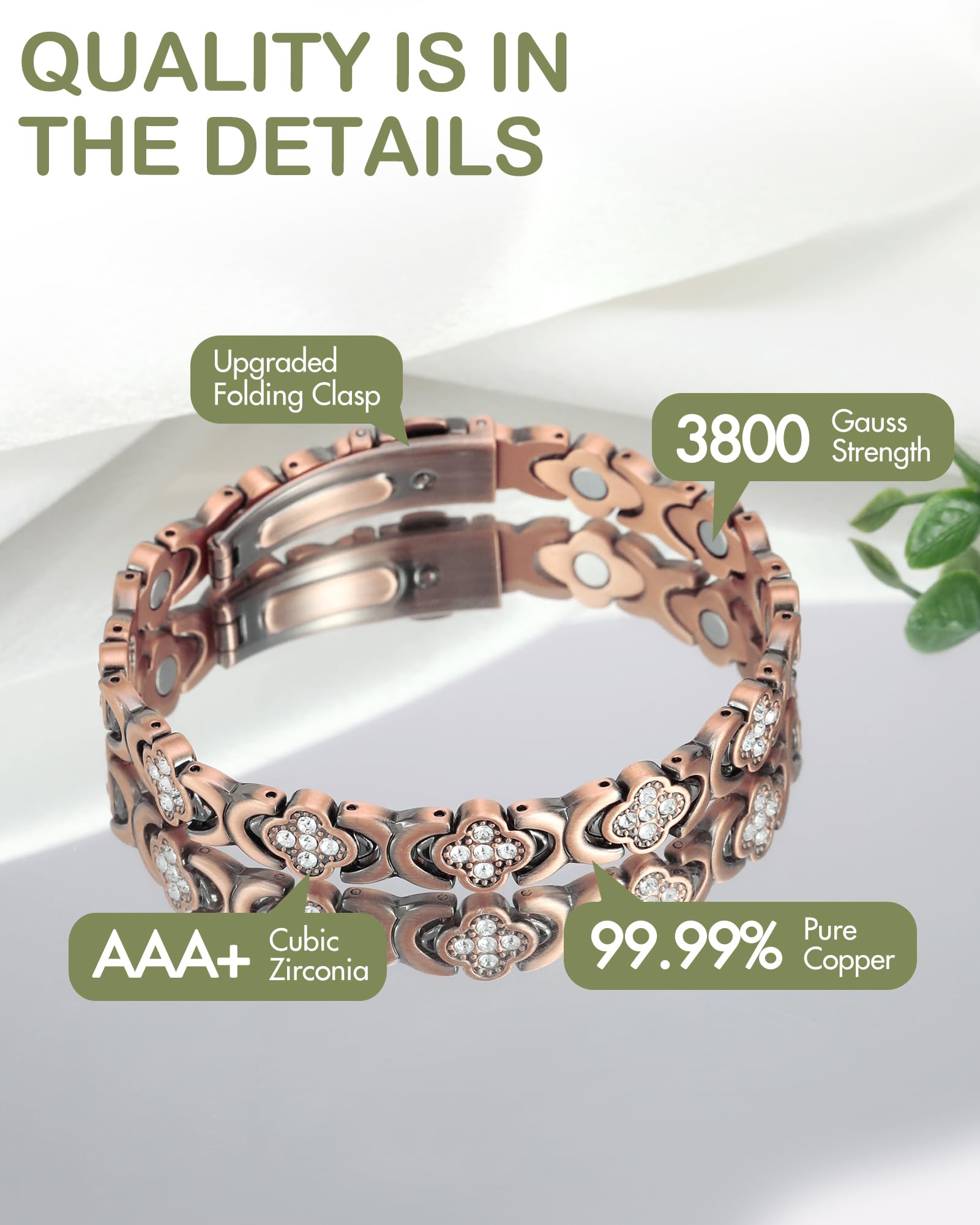 Feraco Pure Copper Bracelets for Women, Ultra Strength Magnetic Bracelet with 3800 Gauss Magnets & Sparkling Zirconia, Adjustable, Infinite Clover Jewelry