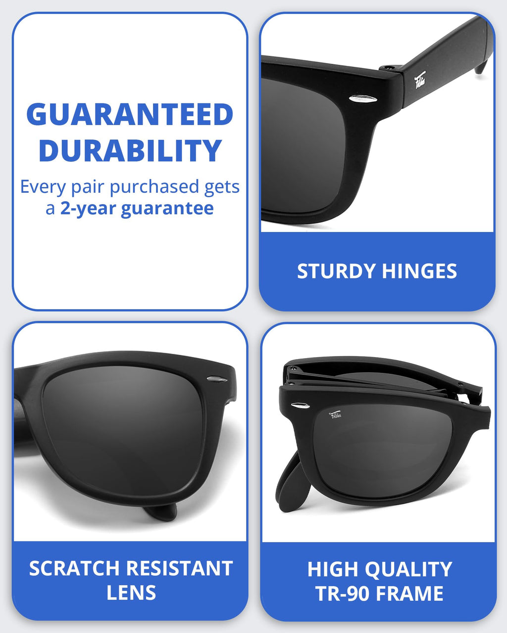 Foldies Classic Folding Sunglasses Polarized, UV400, UVA, UVB Protection for Men Women, Folding Sunglasses Leather Case