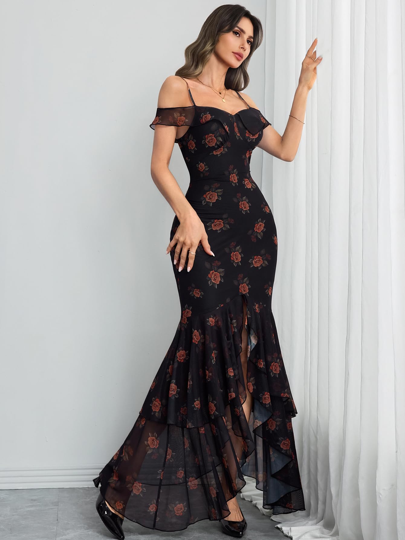 GothDark Ruffle Dress Flattering Dress for Wedding Guest Black Semi Formal Dresses Sexy Date Night Outfits for Women Black Large Fits US Size 8 to 10