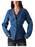 WDIRARA Women's V Neck Button Down Jean Jackets Waist Long Sleeve Denim Jacket Outerwear Blue X-Large