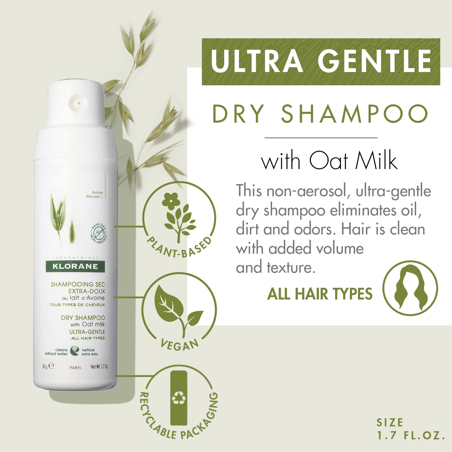Klorane Dry Shampoo with Oat Milk - Eco-Friendly Non-Aerosol Formula - Vegan & Dermatologist Tested - Ultra-Gentle Powder Formula with Plant-Based Ingredients - Fully Recyclable Bottle - 1.7 oz.
