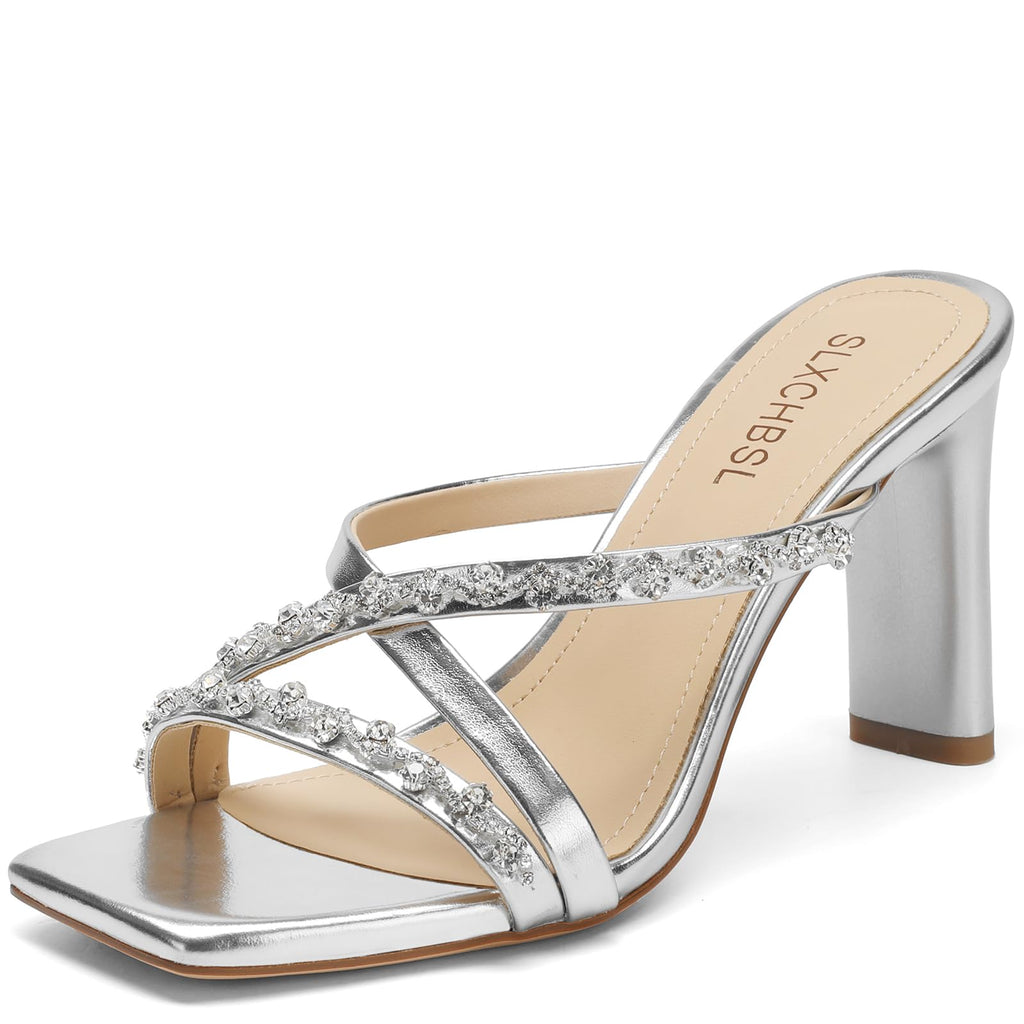 SLXCHBSL Women's Rhinestone Slingback Heeled Sandals Square Open Toe Strappy Sparkling Sandals 3.2 Inch Chunky Block High Heels for Party Wedding Casual or Daily Wear
