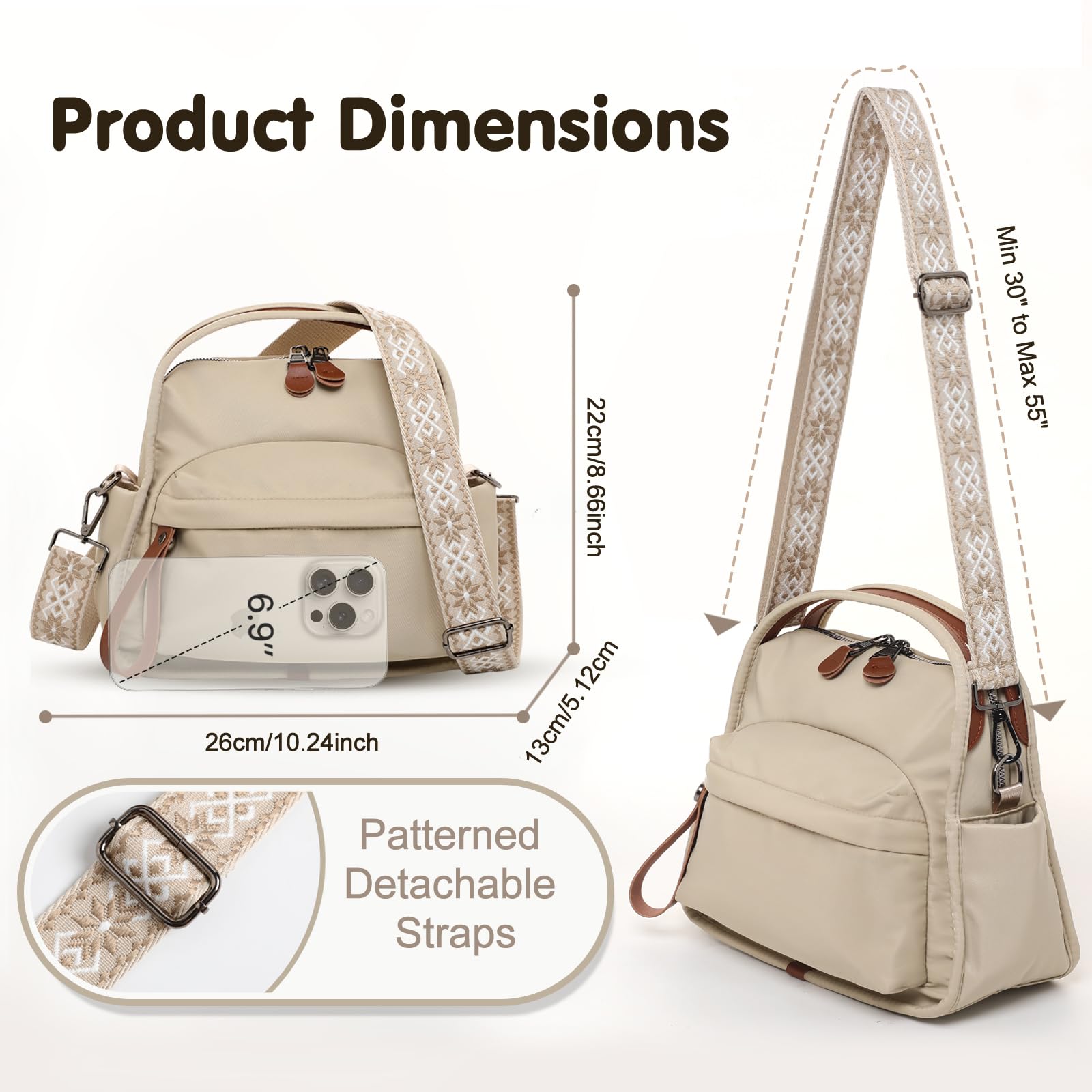 Nylon Crossbody Bags for Women, Water-Resistant Lightweight Shoulder bag with Large Capacity & Organized Design, Top Handle Bag with 2 Interchangeable Adjustable Shoulder Straps(Khaki)
