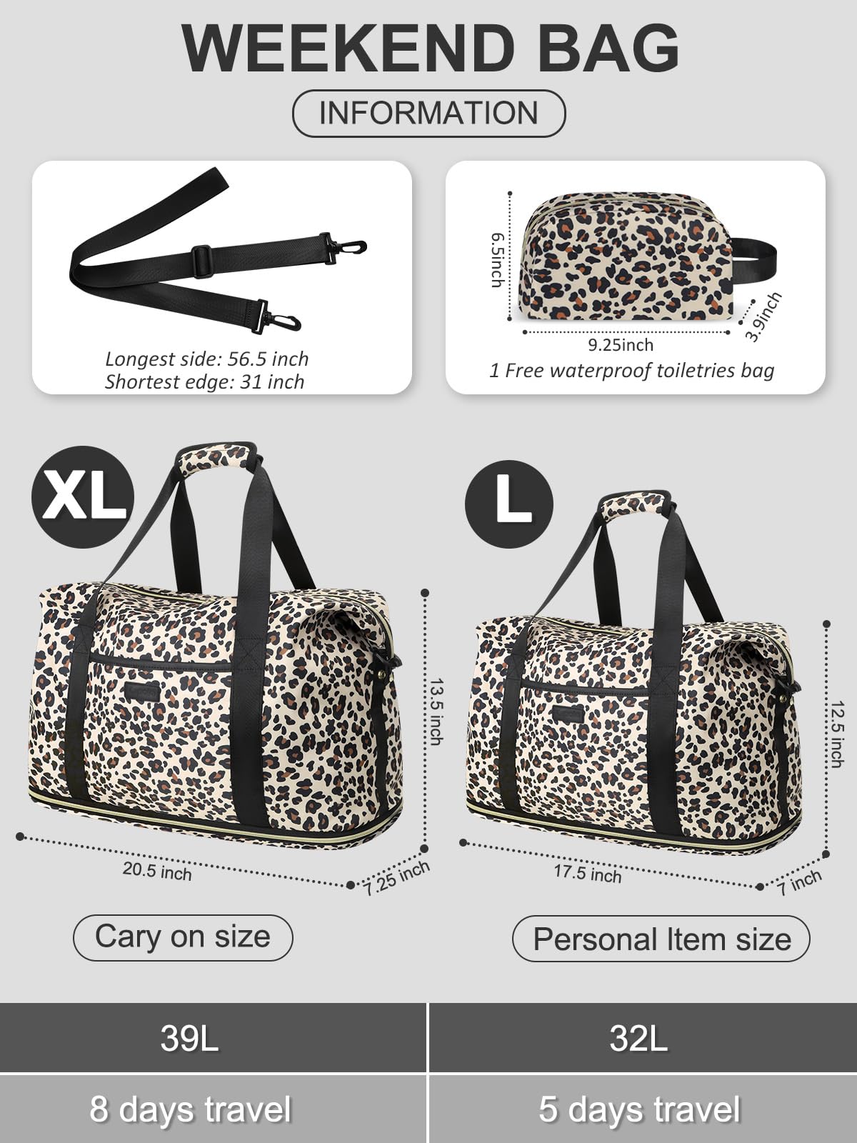 Expandable Travel Duffle Bag, Waterproof Weekender Overnight Bags for Women Men Hospital Bag for Women Labor Delivery Carry on Bag with Toiletry Bag for Travel Gym Airplanes(Leopard, X-Large)