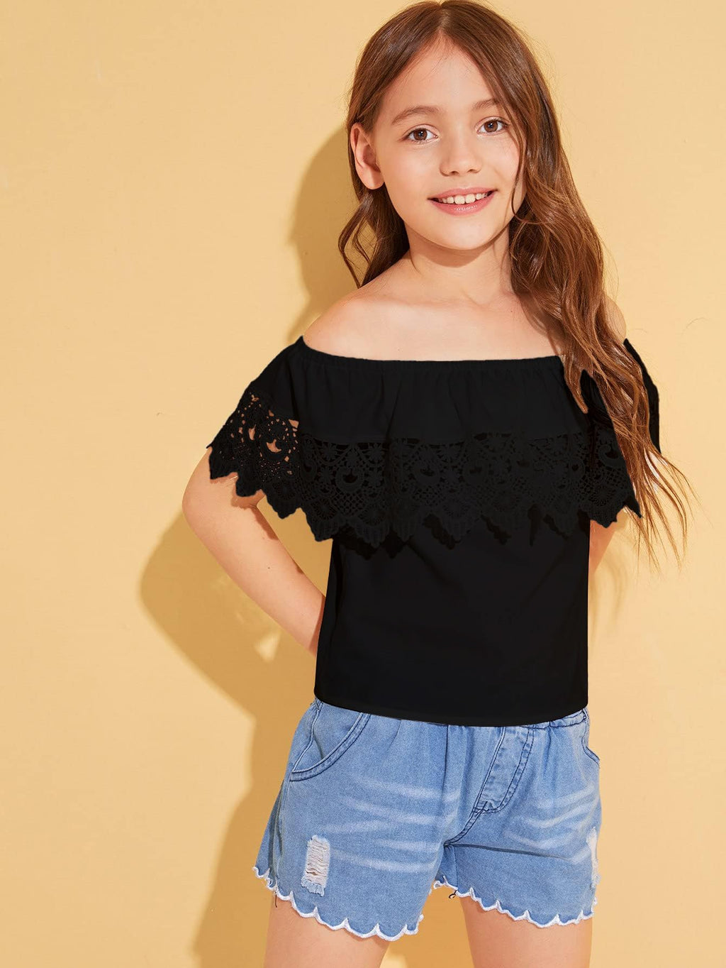 WDIRARA Girl's Off The Shoulder Ruffle Trim Lace Short Sleeve Blouse Top Black 11 Years