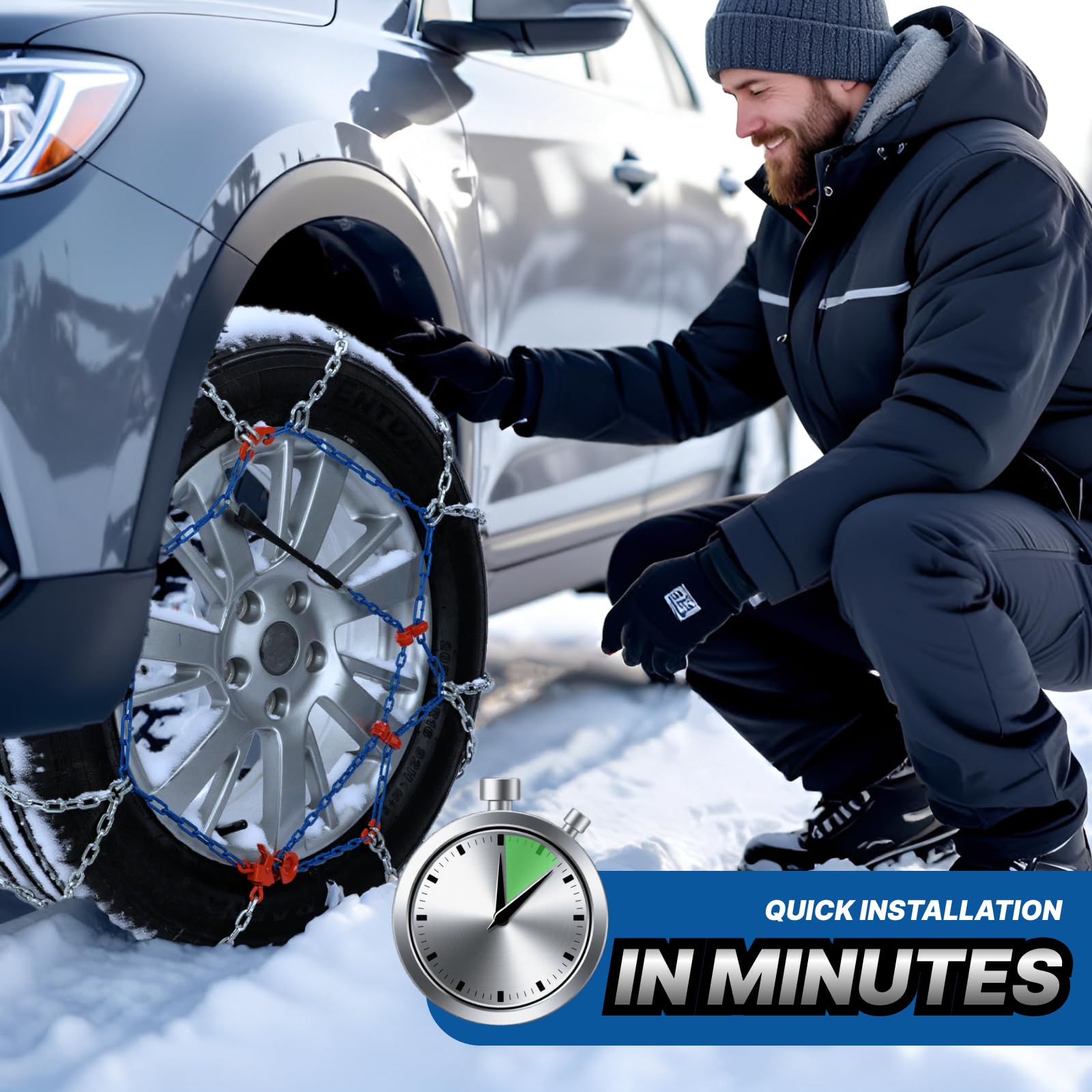 Snow Chains for Car Tires, Tire Chains for Passenger Cars, Sedan, SUVs, Quick Fit & Easy Installation Snow Tire Chains, Portable Reusable Emergency Tire Traction Chain, Set of 2 (HP1555)
