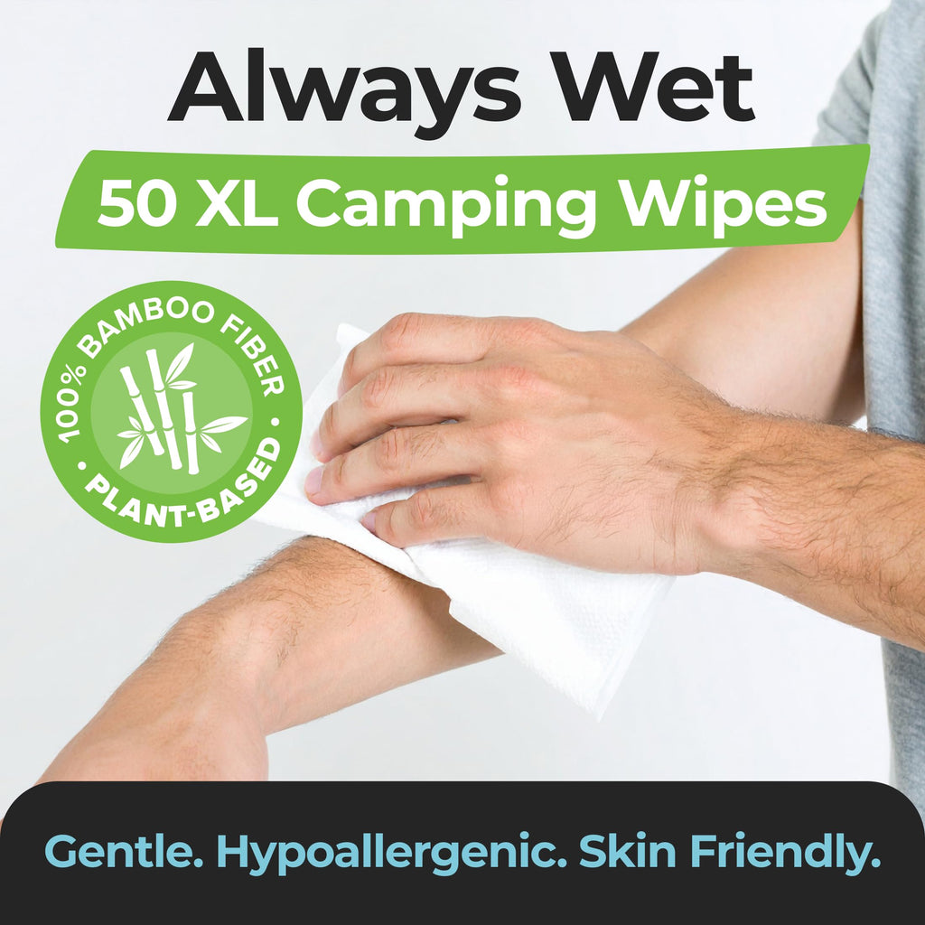Camping Essentials - Body Wipes for Camping Adults Bathing No Rinse - 50 XL Deodorant Bathing Shower Wipes For Men Women - Disposable Washcloths & Personal Cleansing - Travel, Workout