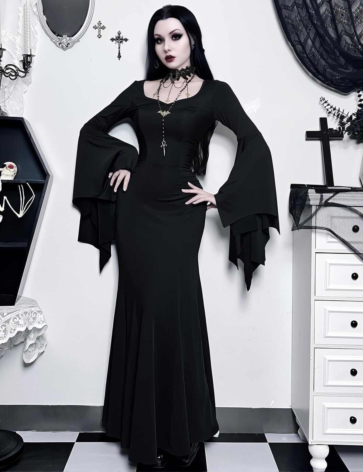 LANSHULAN Gothic Bat Sleeve Fishtail Slim Fit Goth Dress Clothes