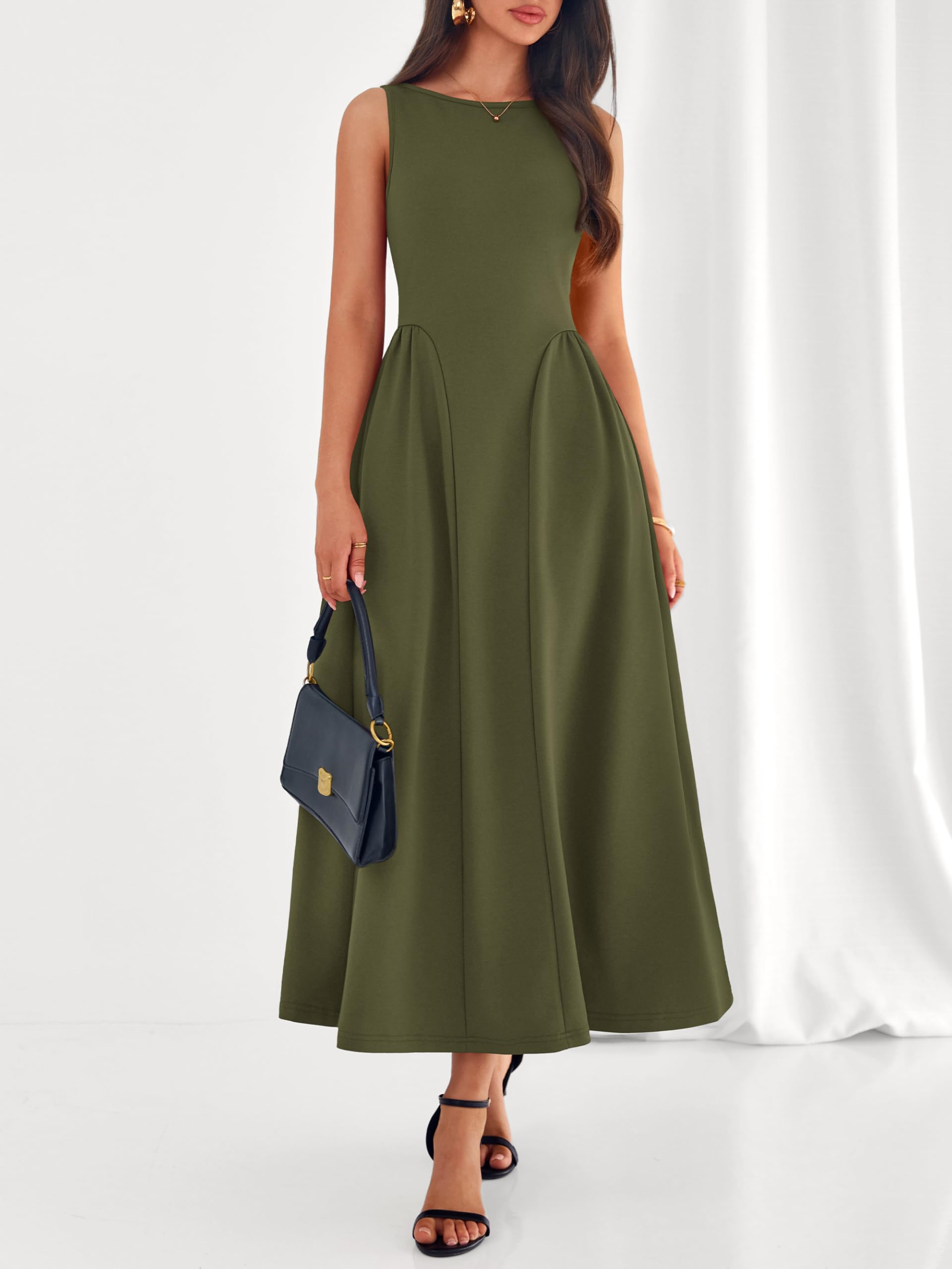 PRETTYGARDEN Summer Sleeveless Maxi Dresses for Women 2026 Elegant Classy A Line Tank Formal Midi Long Wedding Guest Dress(Army Green,Medium)