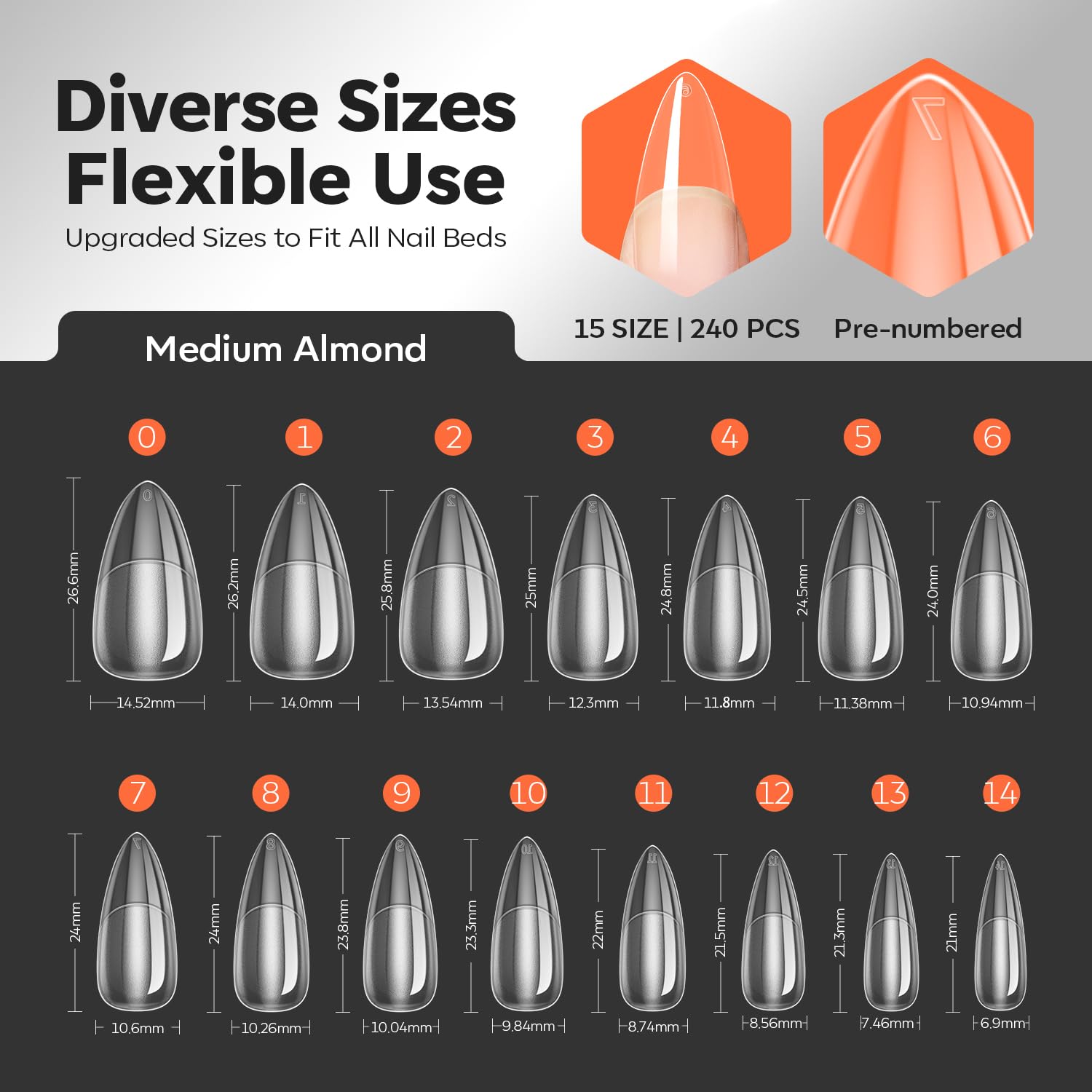 modelones X Nail Gel Kit Almond, 15Sizes Instant Apex False Nail Tips Solid Glue & Mini U/V Lamp, 240Pcs Medium Almond Pre-Building Thick Acrylic Press on Tips LED Light Extension Kit Women Gift