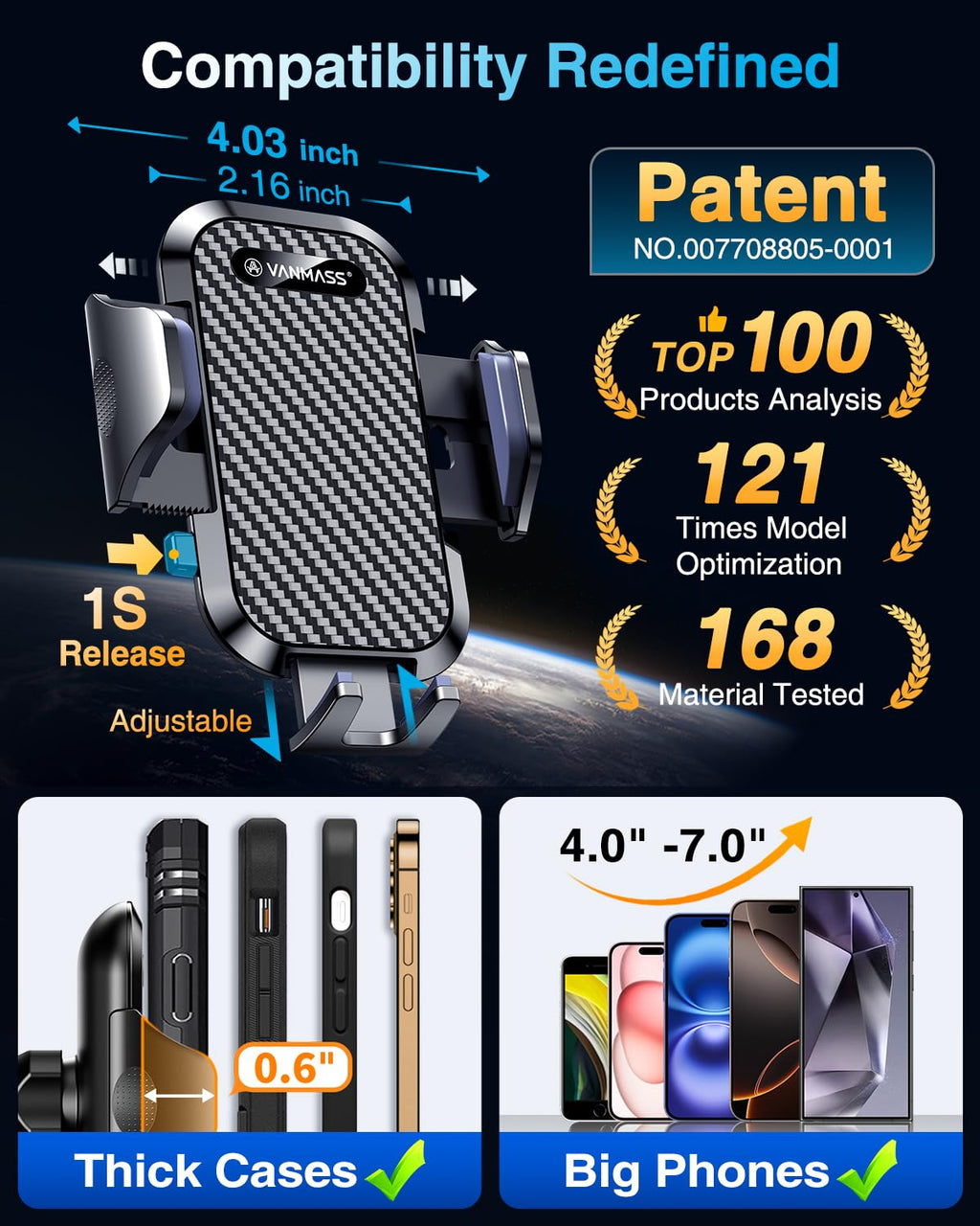 VANMASS Car Phone Holder 2026 Ultimate Military-Grade Phone Holder for Your Car Windshield Dashboard【Newest Best Strongest】 Cell Phone Car Mount with Patent & Safety Certs for iPhone Samsung Android