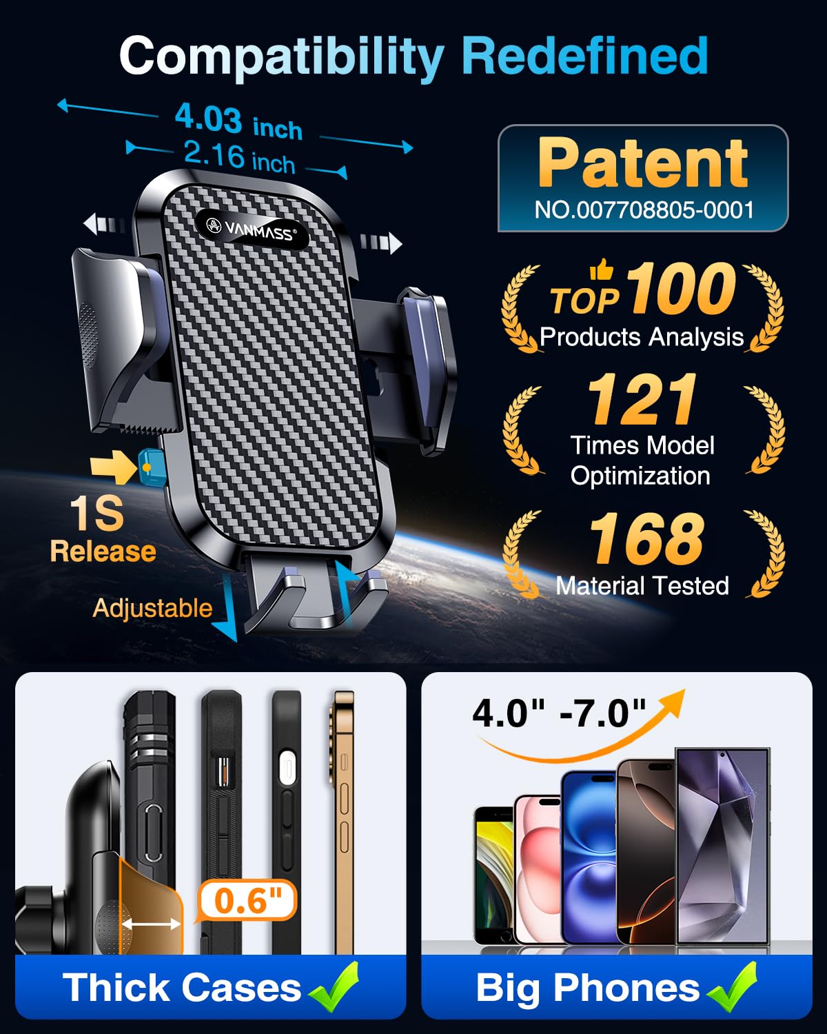 VANMASS Car Phone Holder 2026 Ultimate Military-Grade Phone Holder for Your Car Windshield Dashboard【Newest Best Strongest】 Cell Phone Car Mount with Patent & Safety Certs for iPhone Samsung Android