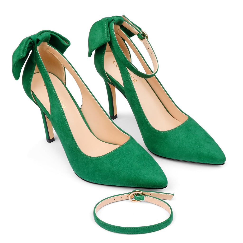 COLETER Womens Bow Knot High Heels Pointed Toe Stiletto Ankle Strap D'Orsay Pumps Bow Evening Dress Shoes Suede Green 8.5US