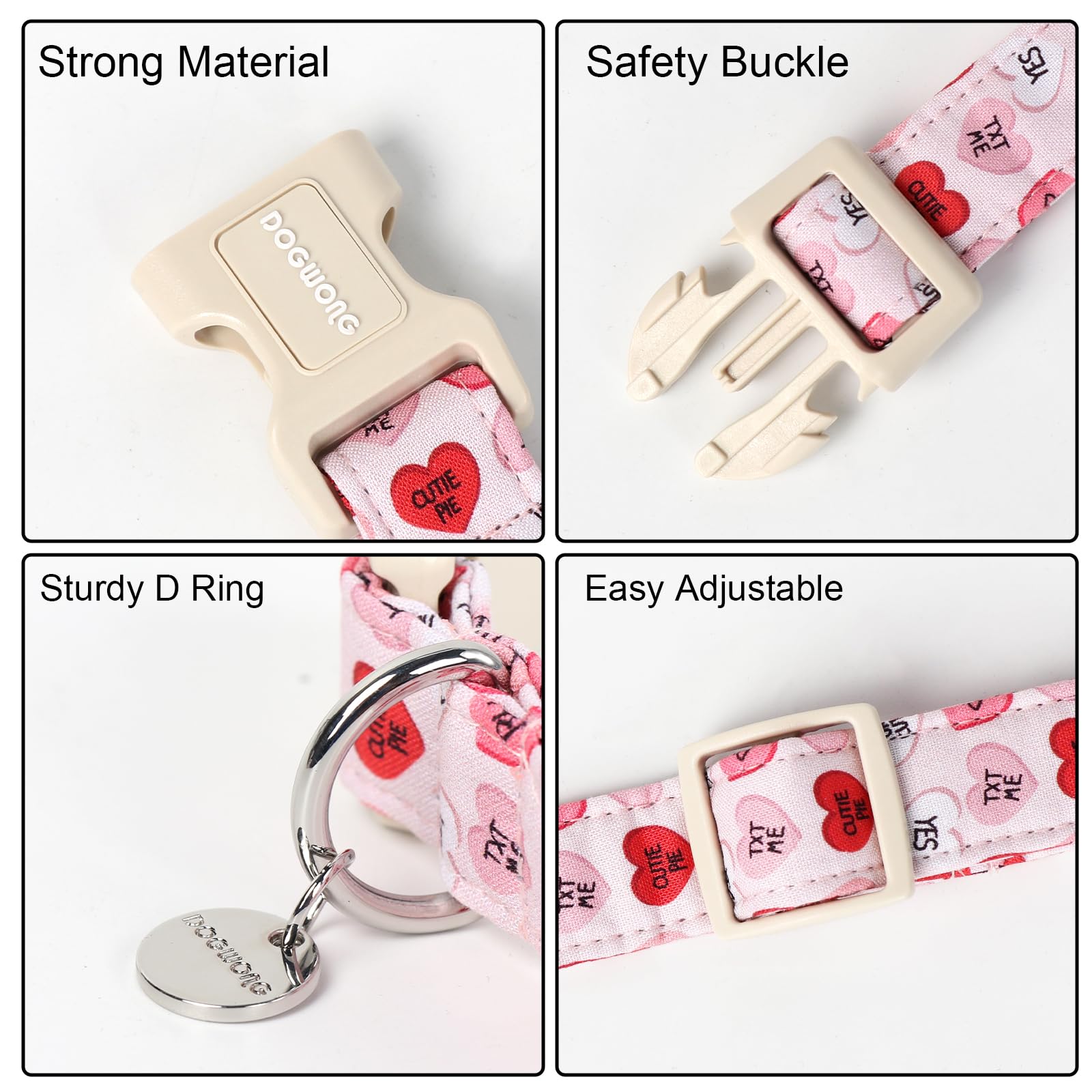 DOGWONG Valentine's Dog Collar, Adjustable Durable Pink Heart Dog Collar Cute Girl Dog Collar for Small Medium Dogs