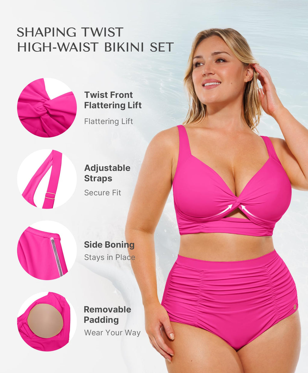 SHAPELLX Two Piece Swimsuits for Women Tummy Control Bikini High Waisted Bathing Suit V Neck Twist Front Swimwear (Pink, Medium)