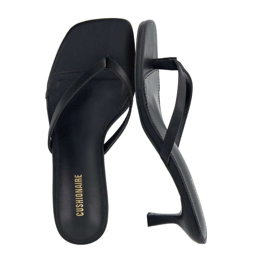 CUSHIONAIRE Miami Kitten Heels for Women, Thong Flip Flop Heeled Sandals with Memory Foam, Slip On Dressy Sandal, EBONY 9.5