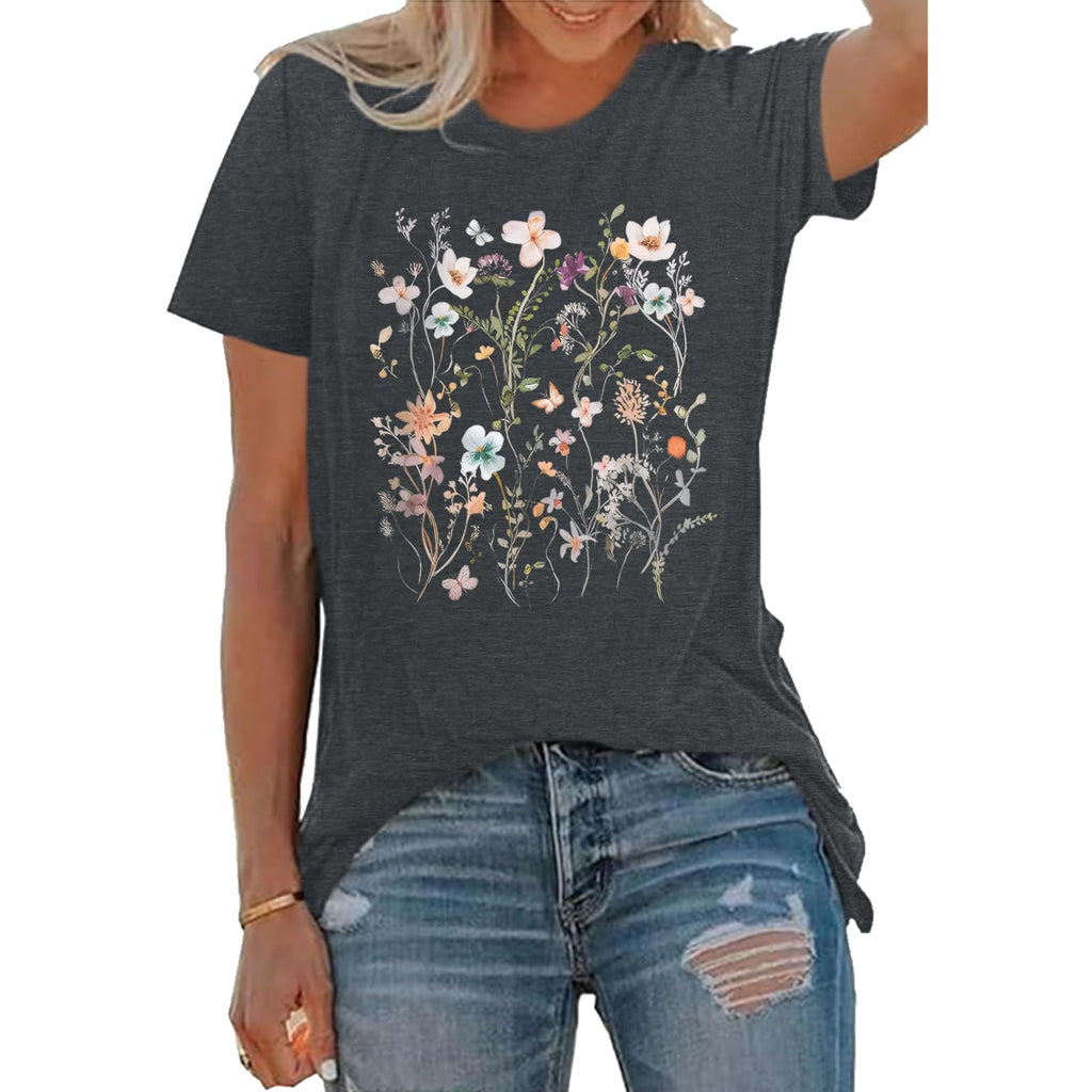 BLACKOO Women Graphic Tee Casual Floral T Shirts Dark Grey X-Large