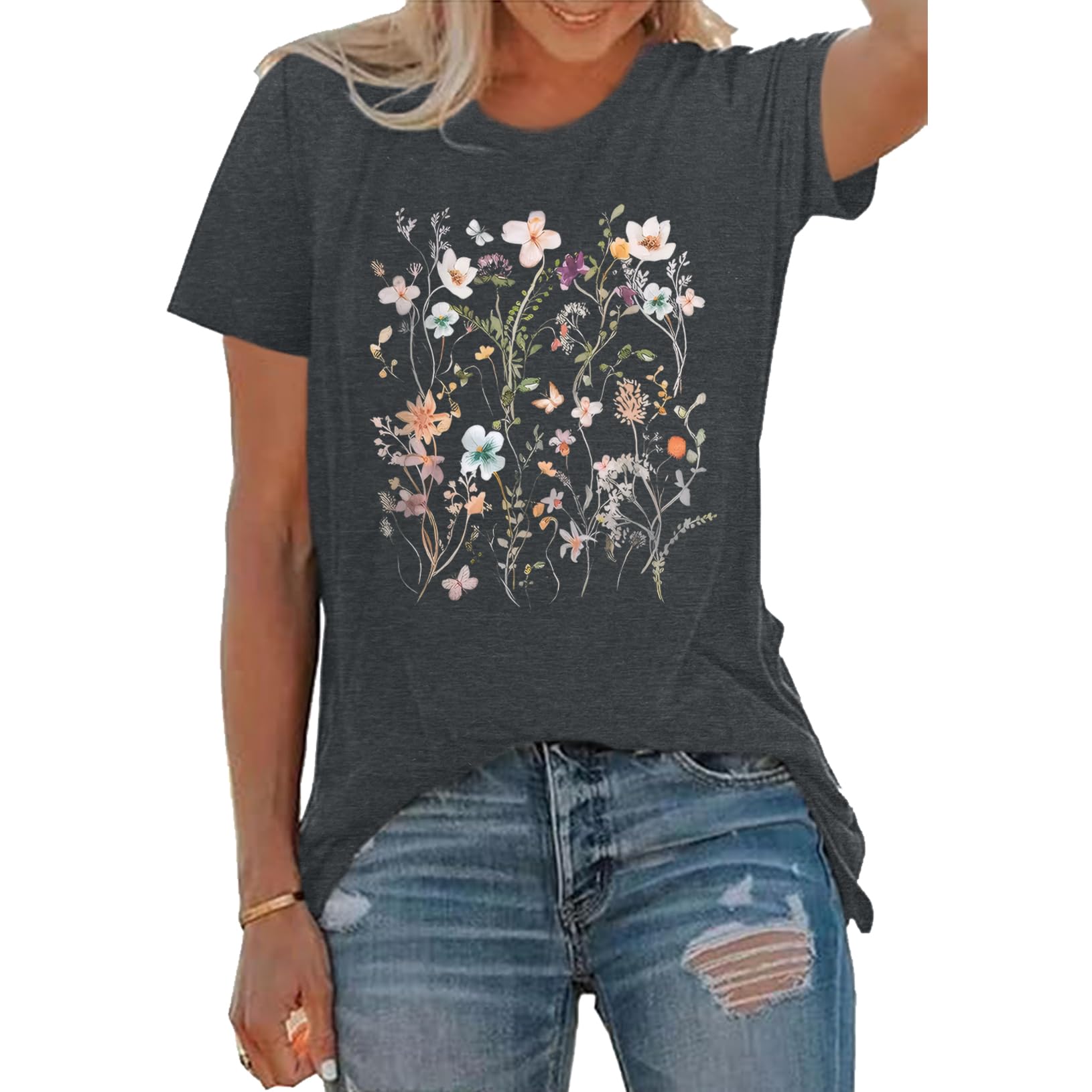 BLACKOO Women Graphic Tee Casual Floral T Shirts Dark Grey X-Large