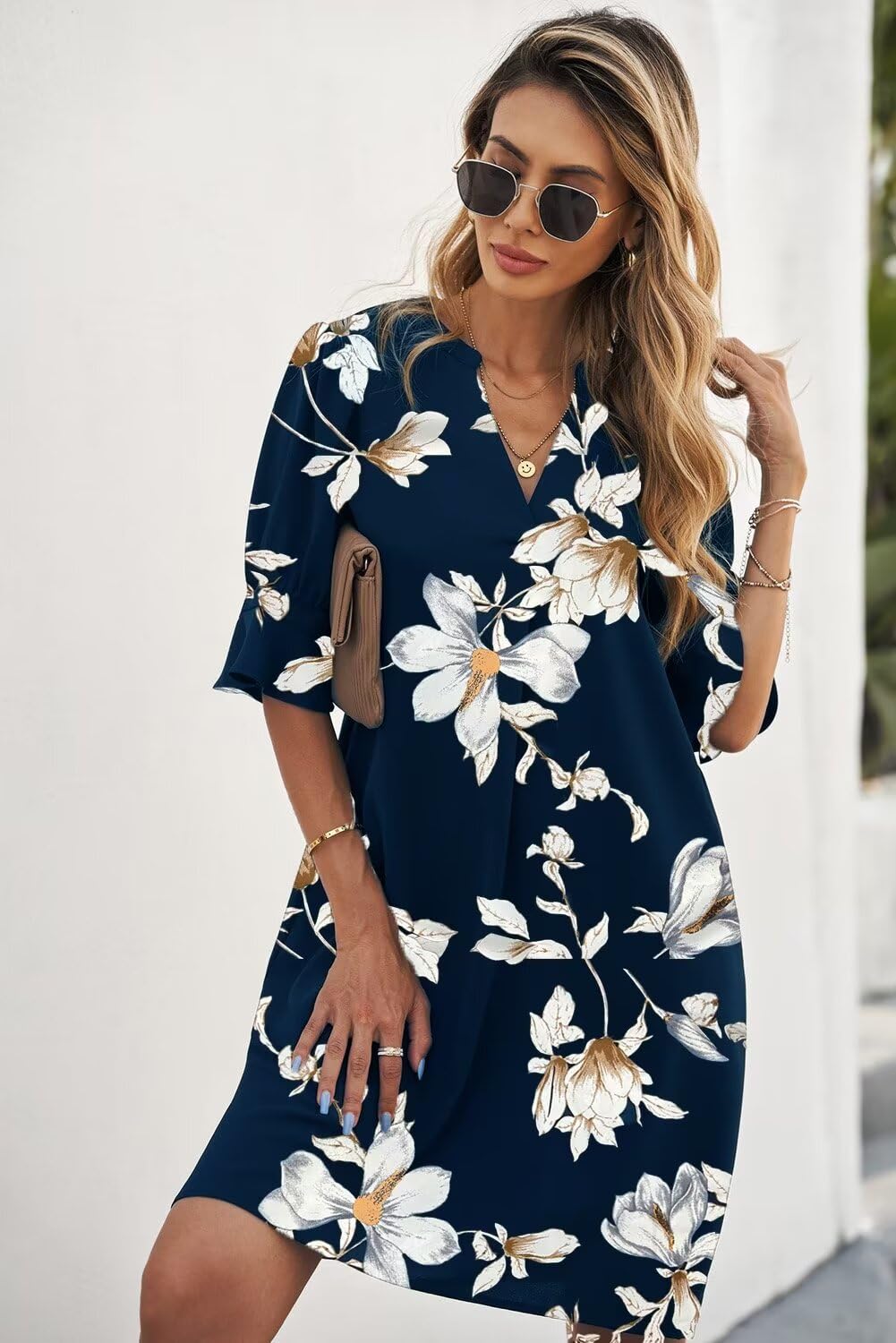 QACOHU Women's Summer Casual Dresses Sundress Ruffle Sleeves Simple V-Neck Shift Dress Blue Flower L