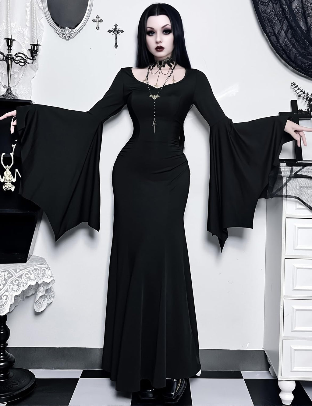 LANSHULAN Gothic Bat Sleeve Fishtail Slim Fit Goth Dress Clothes