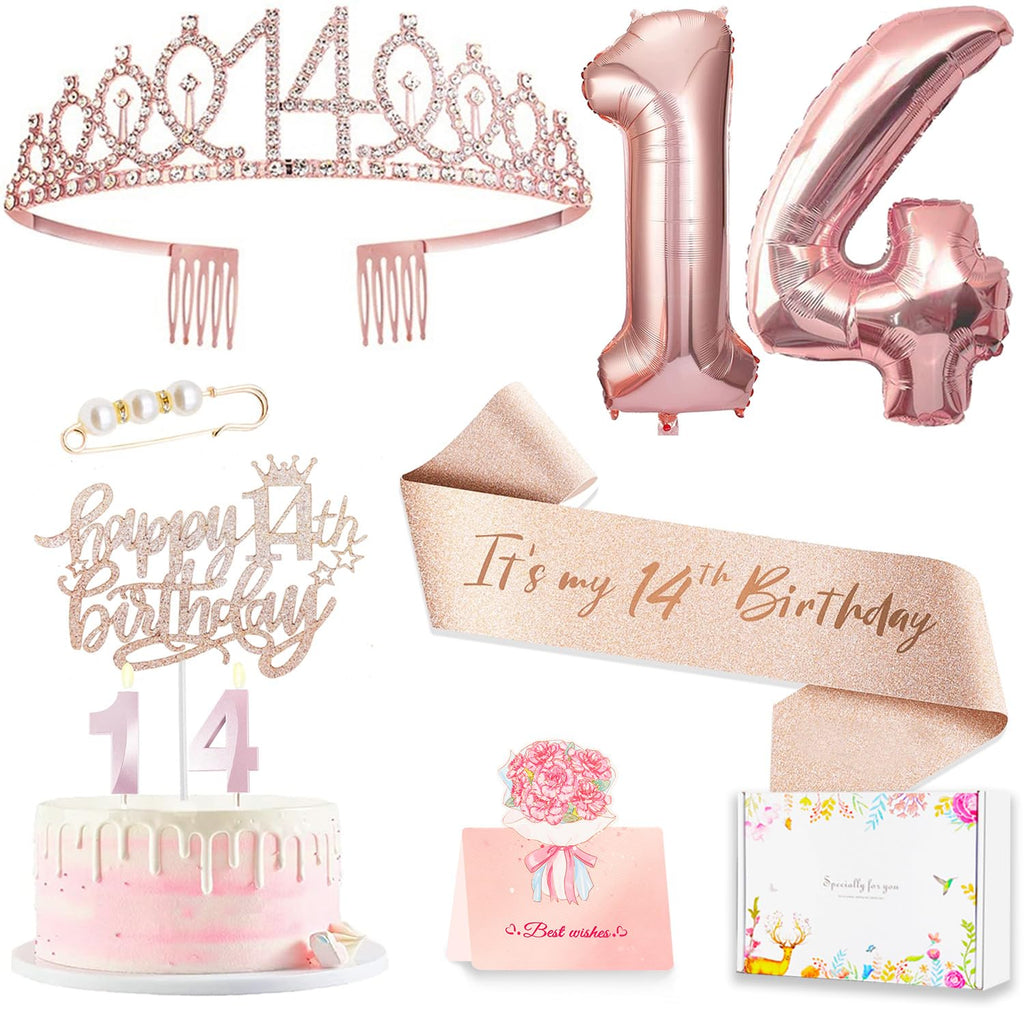 14th Birthday Decorations for Girls, 14th Birthday Sash and Crown, Cake Topper, Number Candles and Balloons, 14 Year Old Gifts for Girls