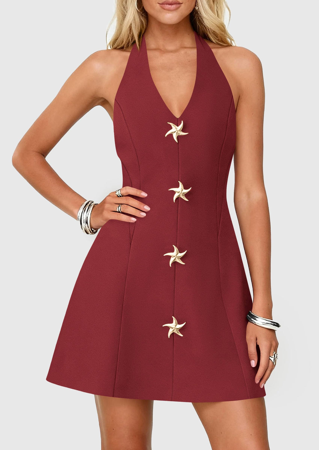 PRETTYGARDEN Summer Cocktail Dresses for Women Short 2026 Spring Halter V Neck Beach Party Backless A Line Mini Dress (Burgundy,Large)